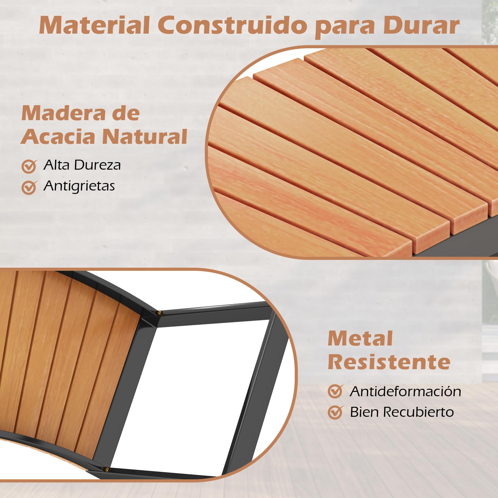 COSTWAY 2/4 Banco Jardin Exterior de Madera Acacia, Banco Exterior de 2 Plazas, Curvado, Sin Respaldo, Patas Metálicas, Carga 360 kg, 146 x 58 x 45 cm (2 plazas,2)