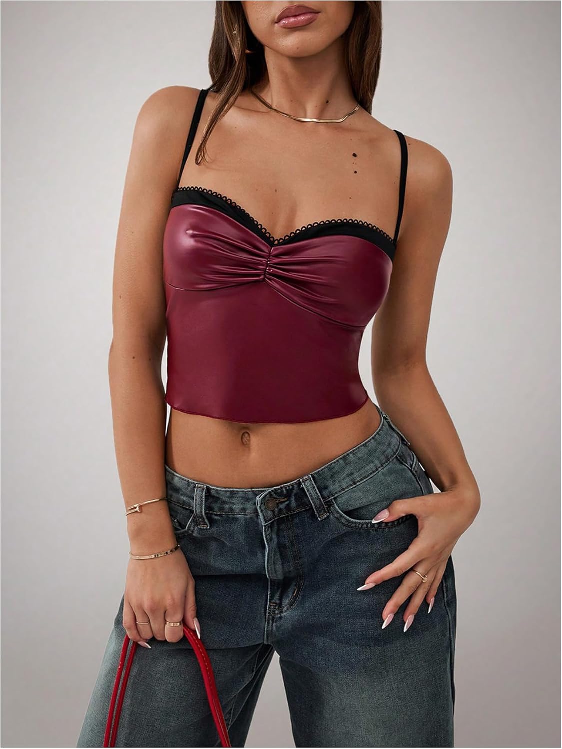 Milumia Women's Pu Leather Ruched Bust Cami Top Sexy Sweetheart Neck Crop Corset Tops - Image 4