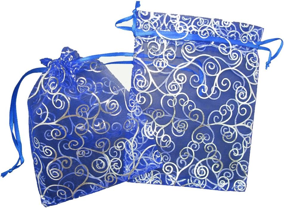 50 Organza Gift Bags Blue Color Organza Drawstring Gift Bag Pouch Wrap White Eyelash Organza Drawstring Pouches Jewelry Party Wedding(Blue with Silver Details) 7" X 5"