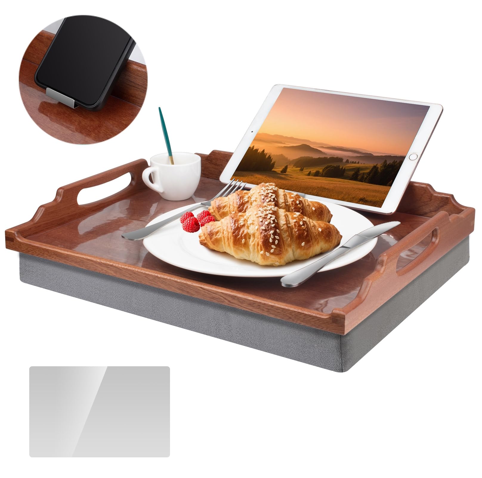 DRELIFAM Knietablett mit Kissen, Betttablett aus Holz zum Essen, Knietablett für Liegestuhl, Frühstückstablett, TV-Dinner-Betttablett für Essen (Sapele-Holz)