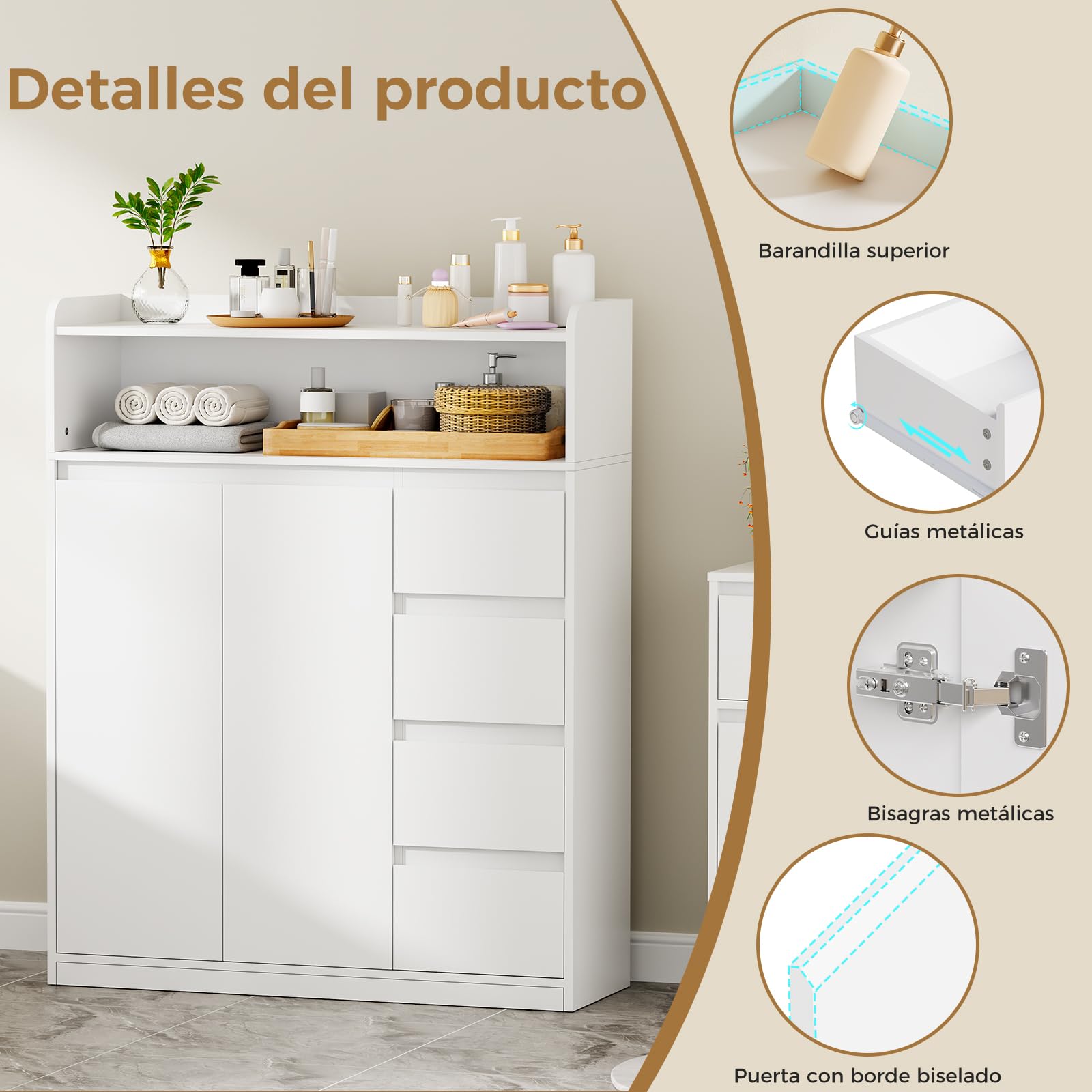 ANWBROAD Armario de Baño, Armario de Baño Moderno con 4 Cajones | 110 × 80 × 30 cm 2 Puertas y Estantes Ajustables, Cómoda para Baño, Salón, Cocina, Blanco, SBC015W