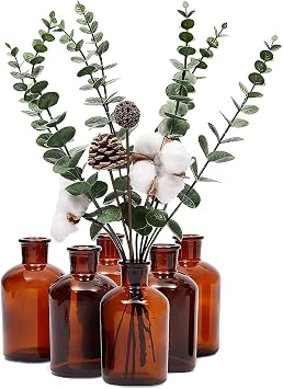 Farmlyn Creek 6 Pack Small Glass Vases for Centerpieces, Amber 7.5 oz Propagation Jars for Flowers, Table Centerpieces, Apothecary, Home Decor 2.8 x 5 in