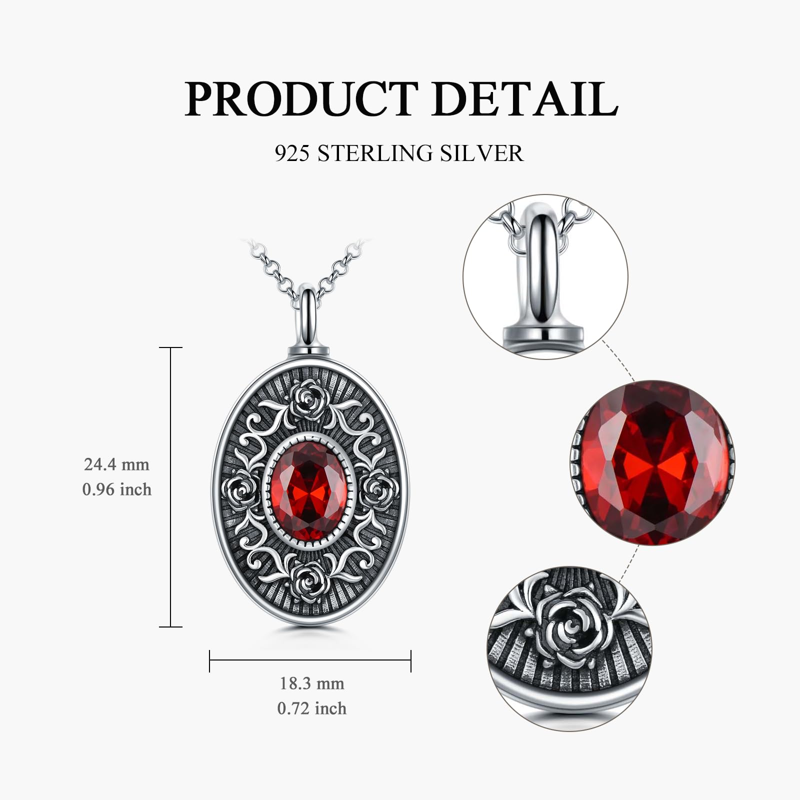 PELOVNY Collana da donna con medaglione ovale in argento Sterling 925 con granato simulato rosa rossa, per ceneri di una persona cara, gioiello commemorativo per mamma e lei