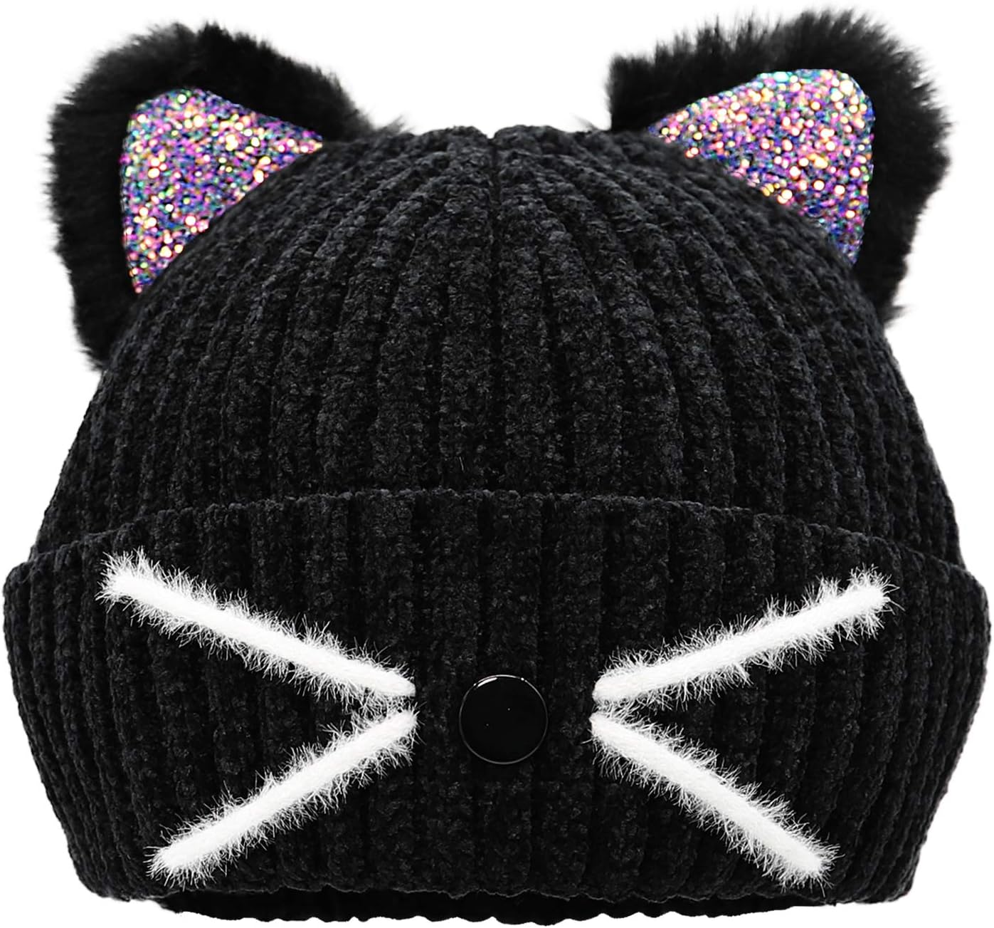 Bellady Mother Children Sequin Cat Ears Hats Warm Knit Crochet Beanies Cute Fashion Skull Cap