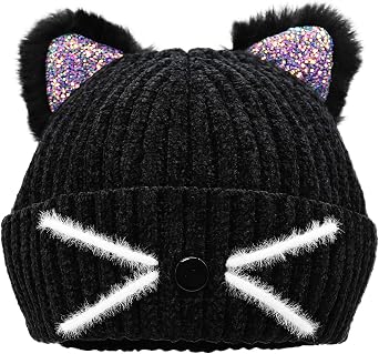 Bellady Mother Children Sequin Cat Ears Hats Warm Knit Crochet Beanies Cute Fashion Skull Cap