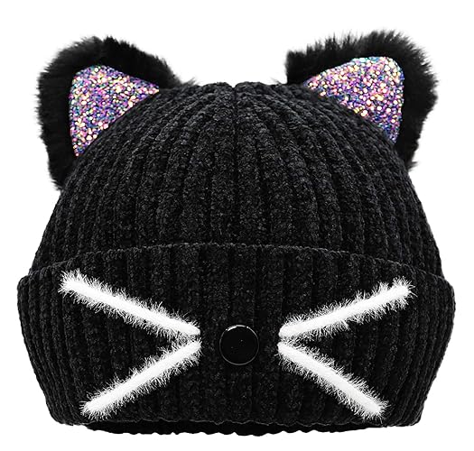 Bellady Mother Children Sequin Cat Ears Hats Warm Knit Crochet Beanies Cute Fashion Skull Cap - One Size - Adult_black