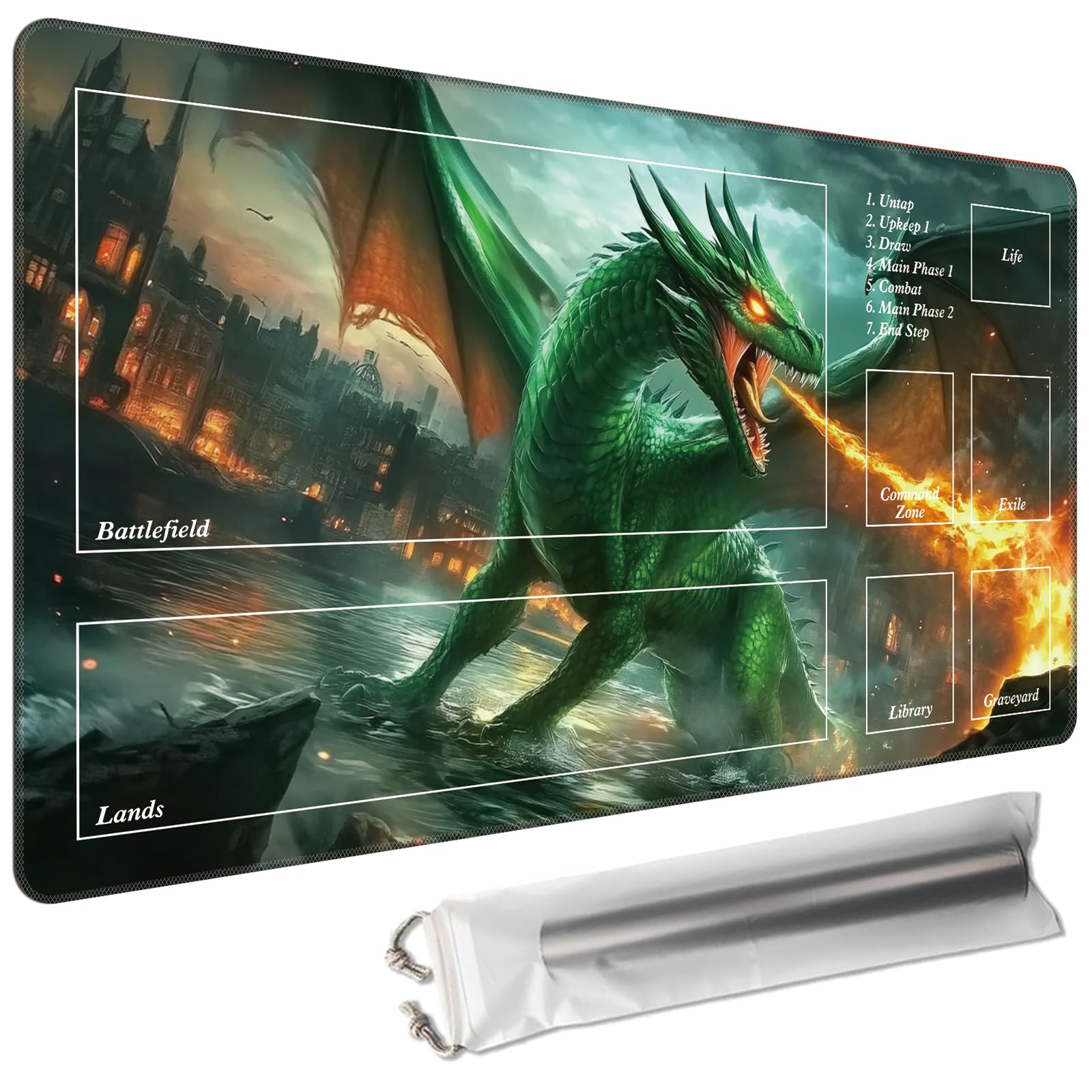 Cdkfxjy MTG Playmat with Magic Zone 27.5 x 15.7in Includes Storage Bag,TCG Playmat with Soft Surface Premium Non-Slip Rubber Backing Stitched Edges Durable Gaming Mat,Fire Green Dragon — image 1