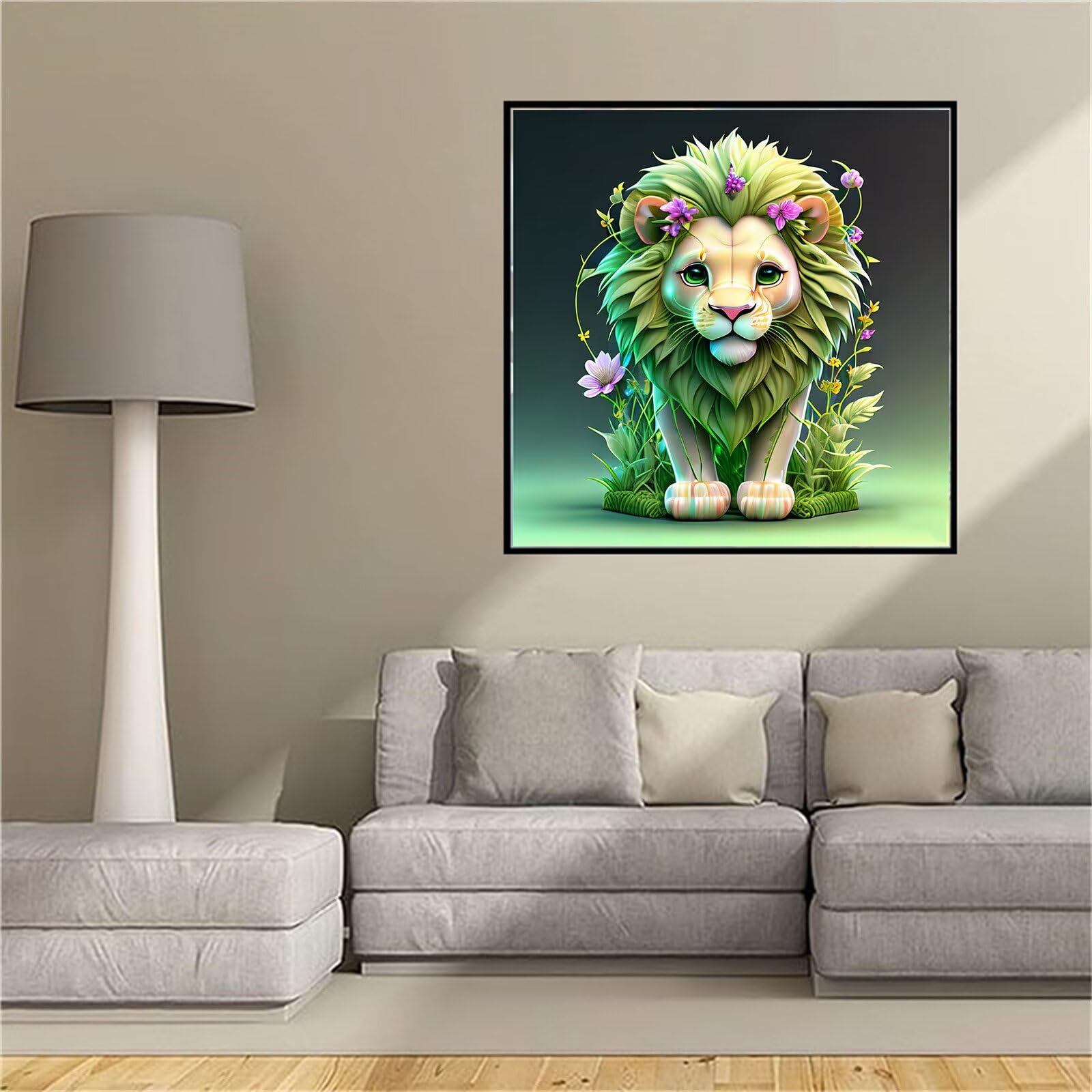 Loisirs créatifs adultes avec ce grand diamond painting de lion cartoon