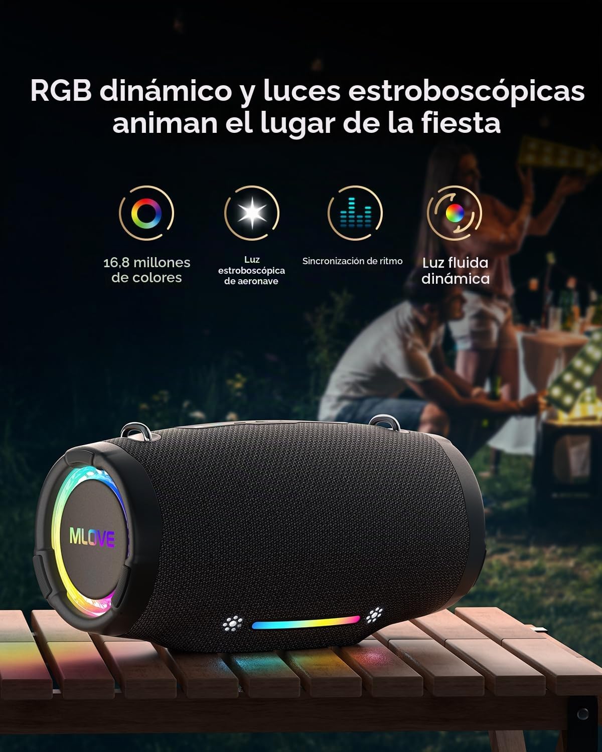 MLOVE E90 Altavoz Portátil Bluetooth Inalámbrico Impermeable RGB LED Luz True Wireless Stereo, Bluetooth 5.4, Micro-SD, Memoria USB, Jack 3,5mm, Carga Type C, Negro