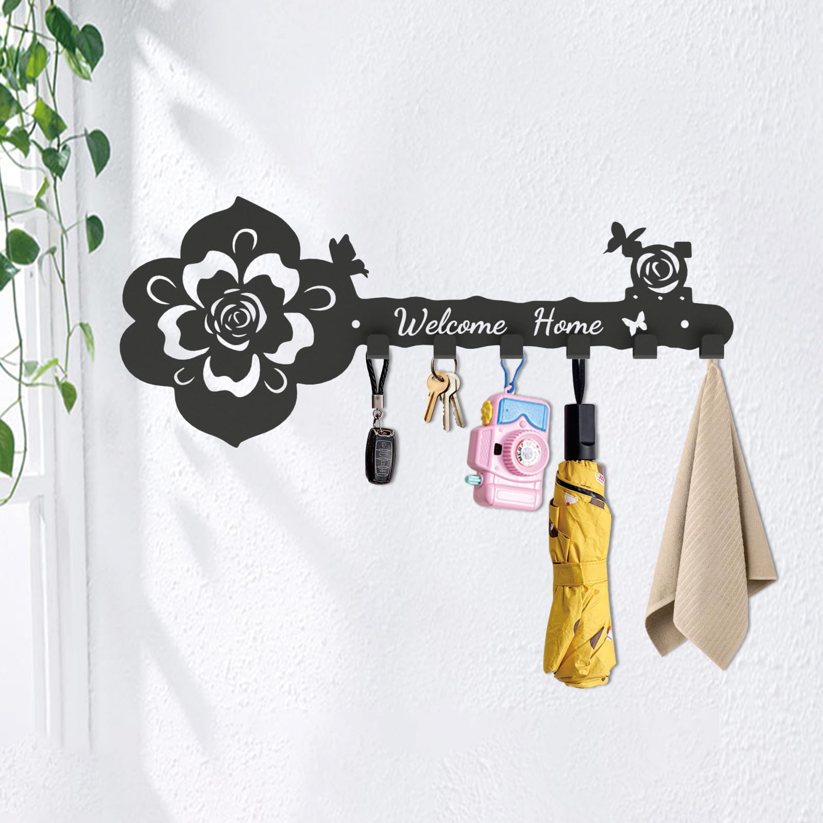 Key Hooks Holder Wall Decorative, Metal Black Key Hooks Organizer Rack with 6 Hooks and Welcome Home Sign - 11 inches/28cm Rose and Butterfly Pattern