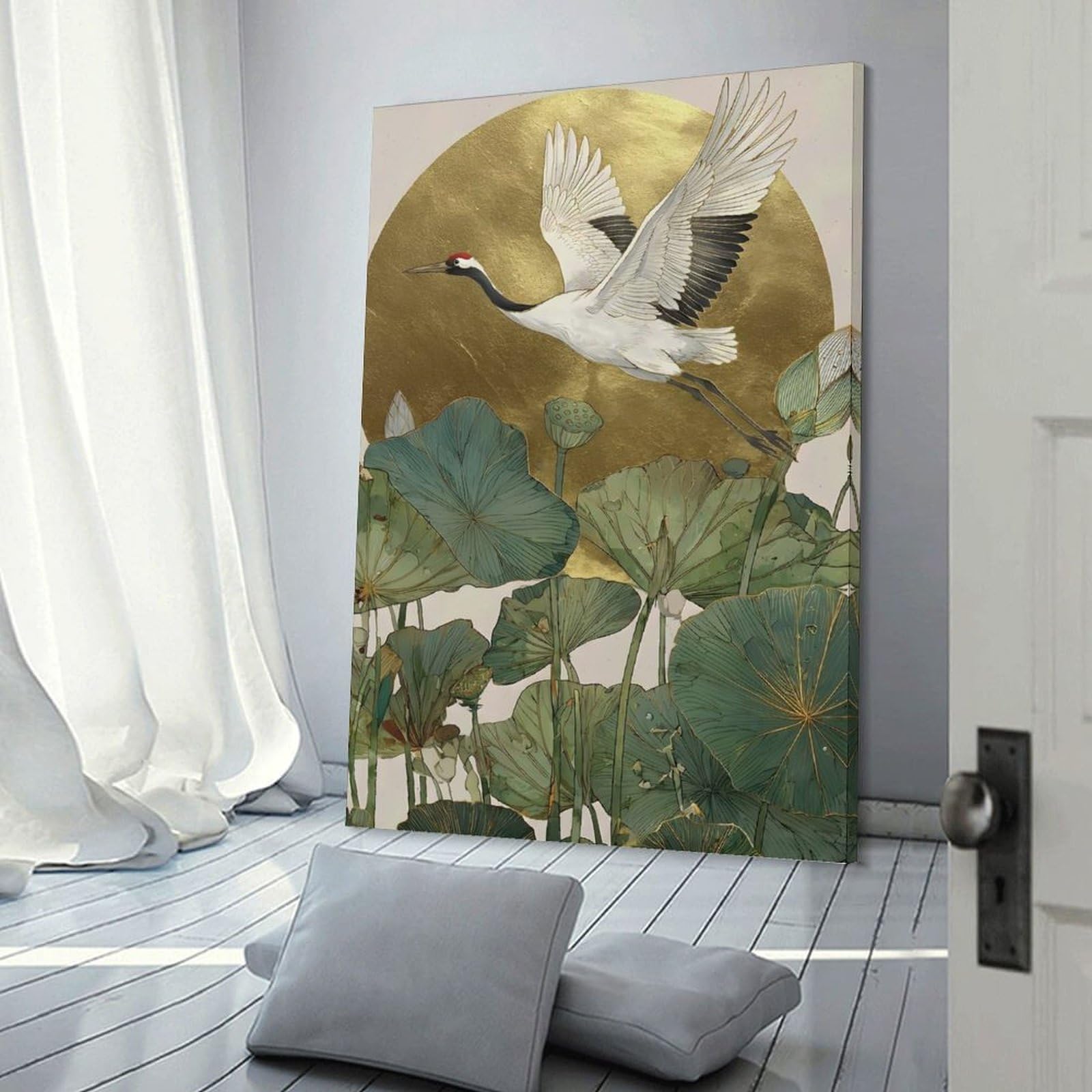 Junmoney Crane Flying over Lotus Pond Wall Art Print, 24x36inch(60x90cm), for Entrance Spaces, Stair Walls Or Halls, Home Artwork for First Impressions
