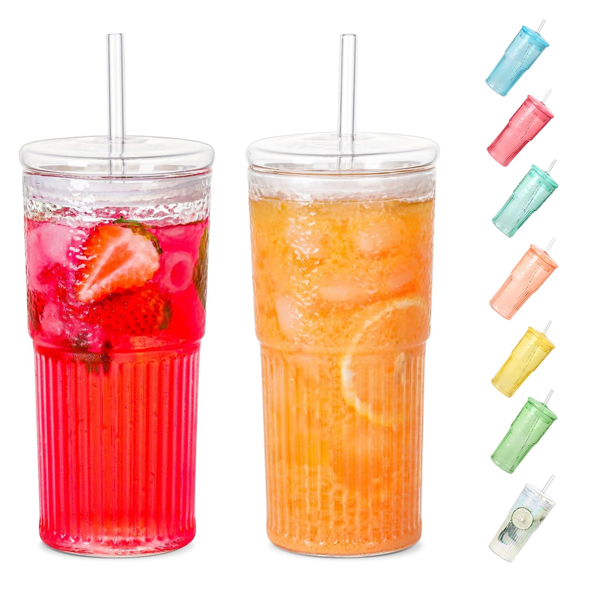 QWEZXO Glass Cups With Lids and Glass Straws，20 OZ High Borosilicate Glass Tumbler Iced Coffee Water Smoothie…