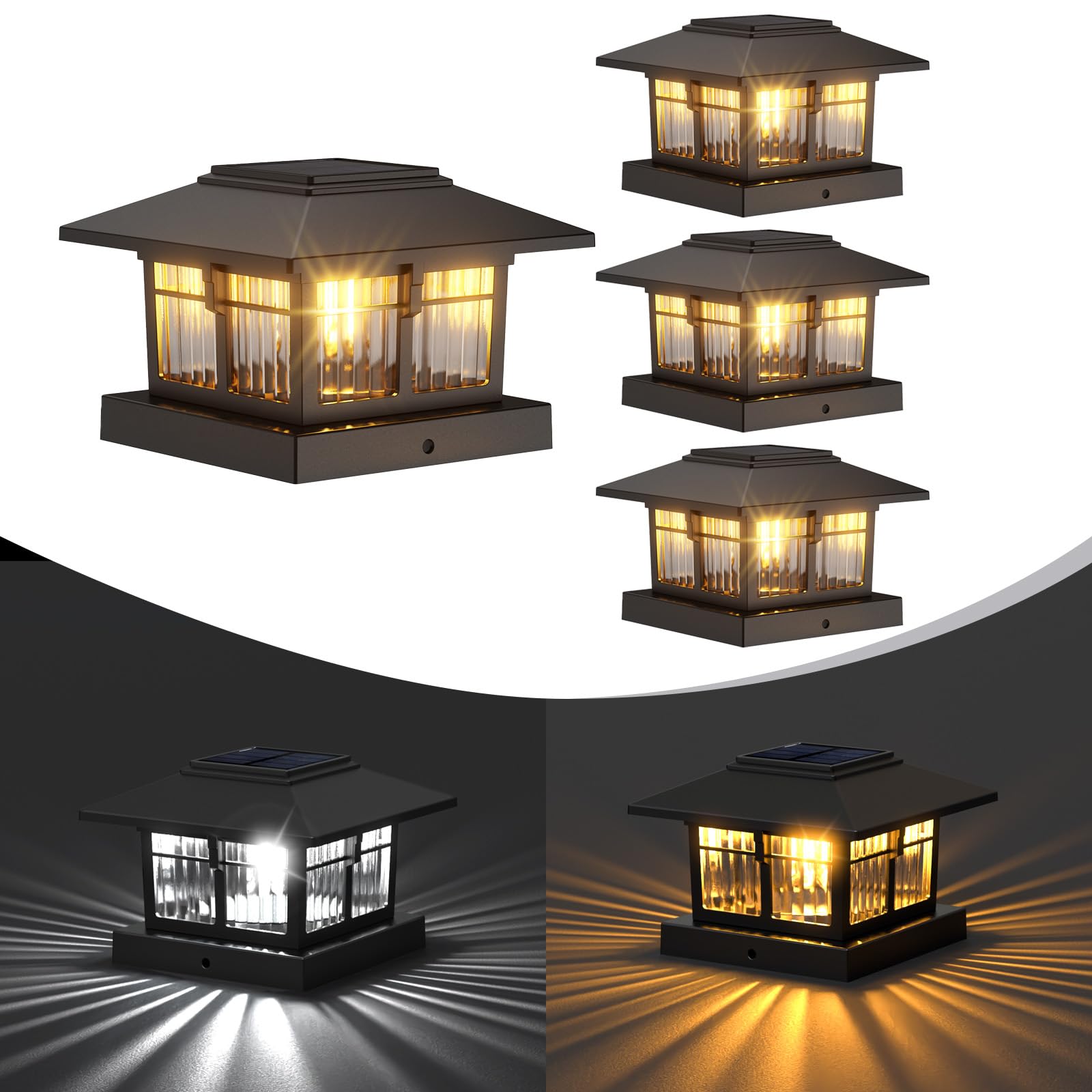 Photo 1 of EXCMARK 4x4 Solar Post Cap Lights, 4 Pack Fence Deck Post Lights Outdoor Solar Powered Waterproof with Two Light Modes Warm&Cool White for Garden Patio Decor. (Classic Black, 4)