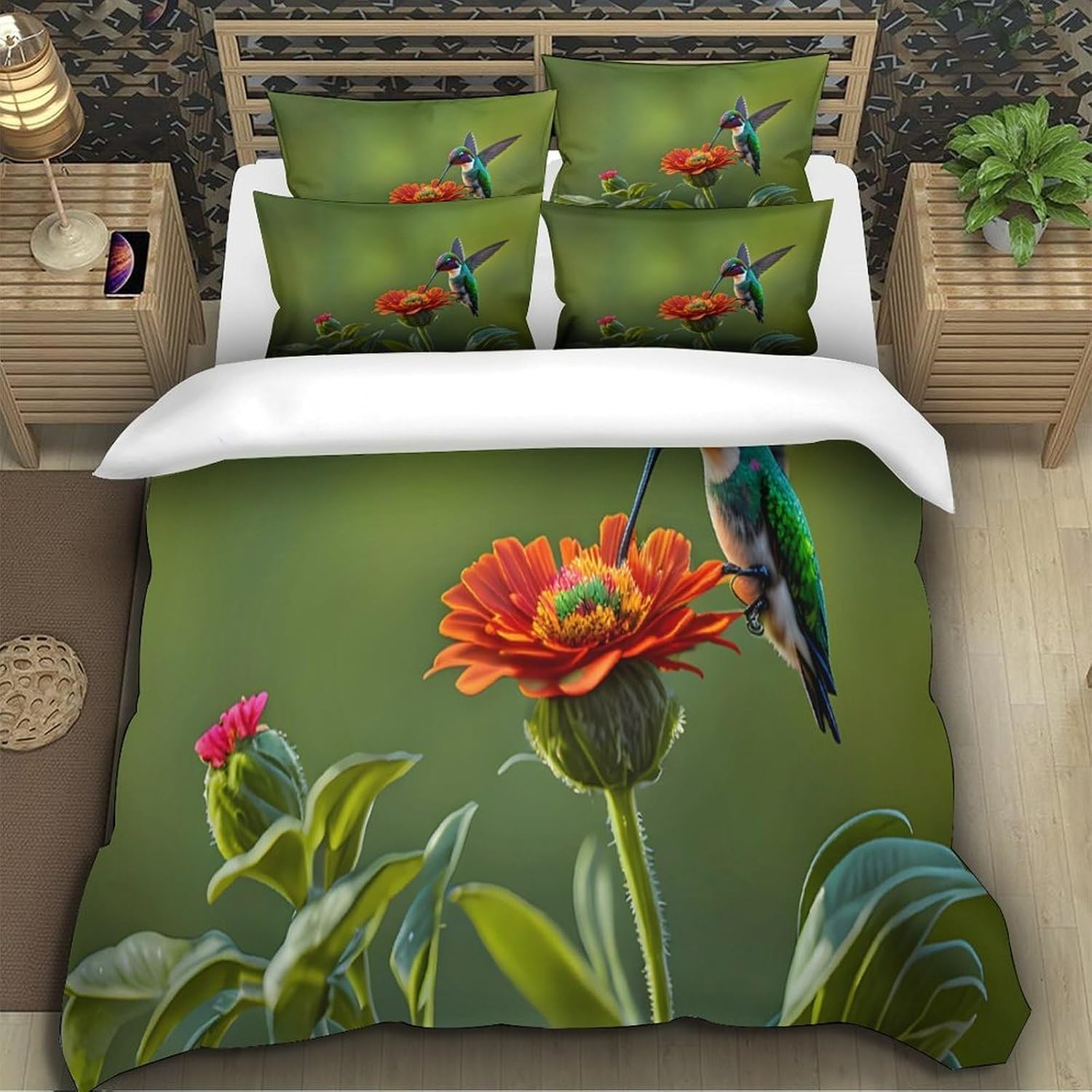 Funda Nordica Cama 180 Colibrí Ropa de Cama 3D Motivos Botánicos 3 Piezas Suave Transpirable Microfibra Funda Nórdica 260x240 cm y 2 Fundas de Almohada 50x75 cm C.2634