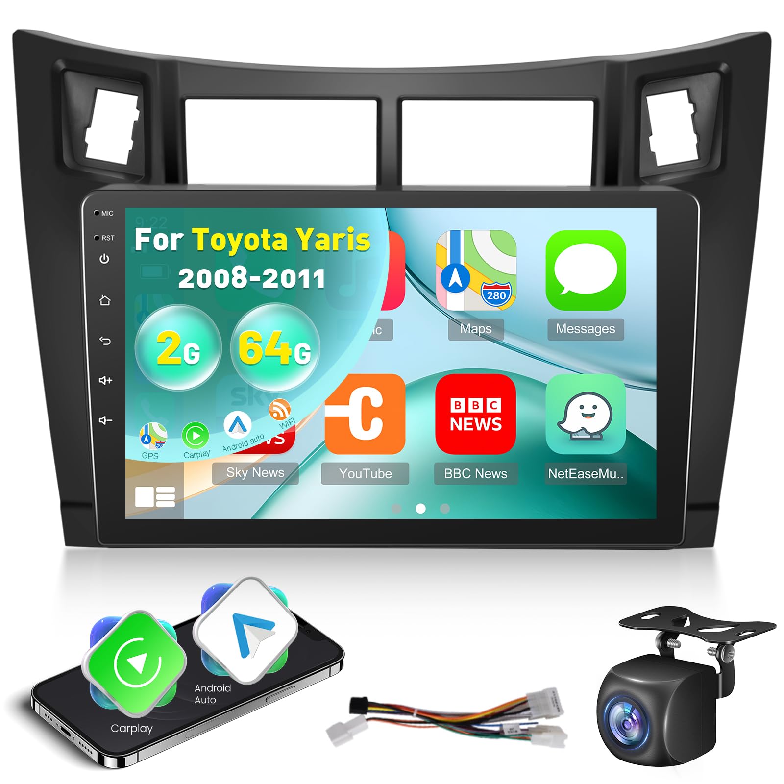 Photo 1 of [2G+64G] Radio for Toyota Yaris 2008 2009 2010 2011, 9 inch Android Touch Screen Yaris Car Stereo, Carplay/Android Auto/EQ Audio/1080P/SWC/Bluetooth