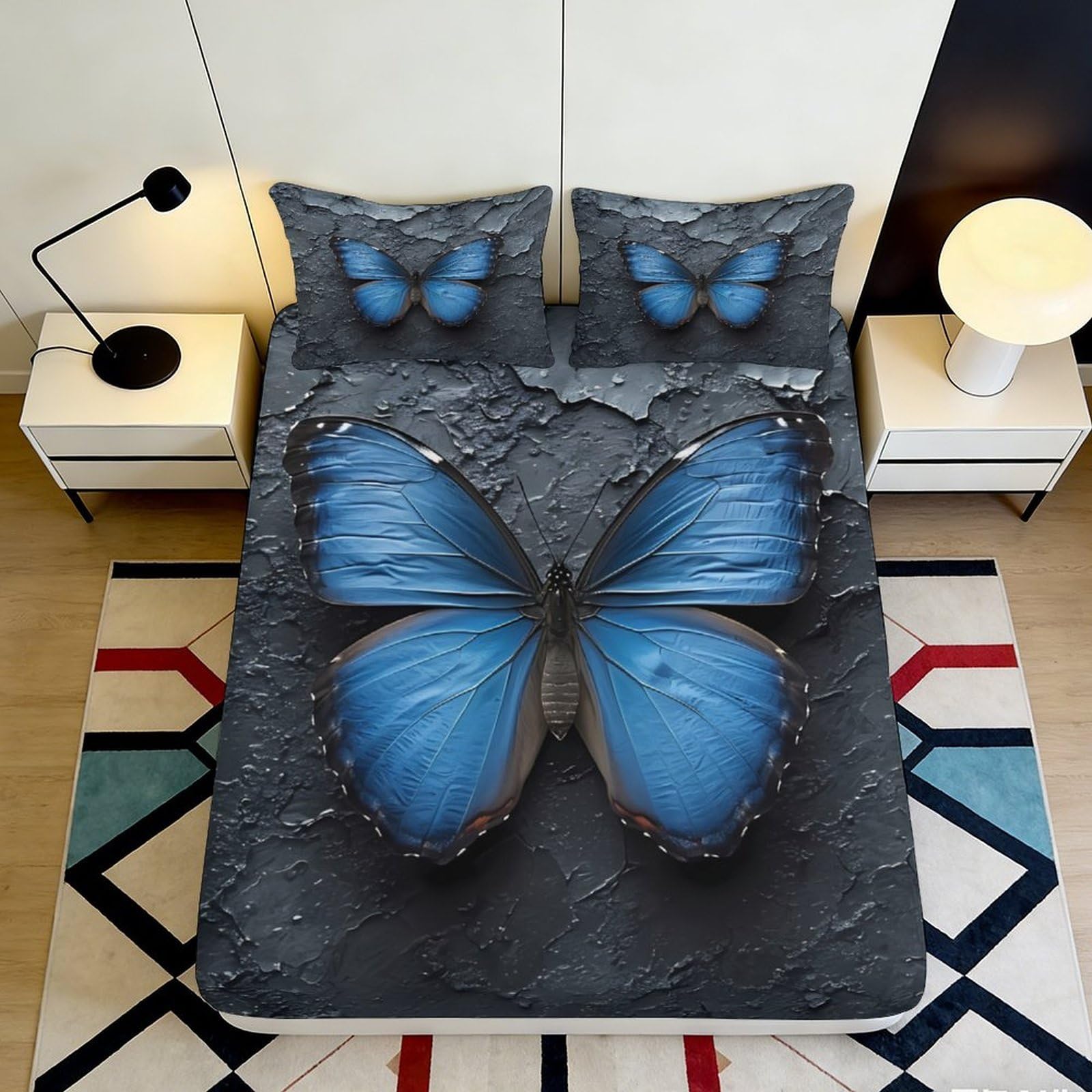 Rqzkjxnhpf Style-7 3D Printed Butterfly Fitted Sheet Microfiber Deep Pocket Non-Slip Butterfly Mattress Fitted Cover Bedroom Adult Youth Washable 200X200x25cm 90X200x25cm