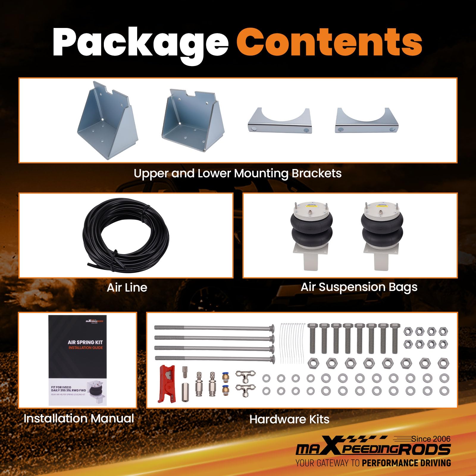maXpeedingrods Kit sospensioni pneumatiche per Iveco Daily 35S/35L, anno di costruzione 2006-2014, trazione posteriore e anteriore, 2 molle d'aria + 4 supporti + tubo dell'aria + viti di fissaggio e