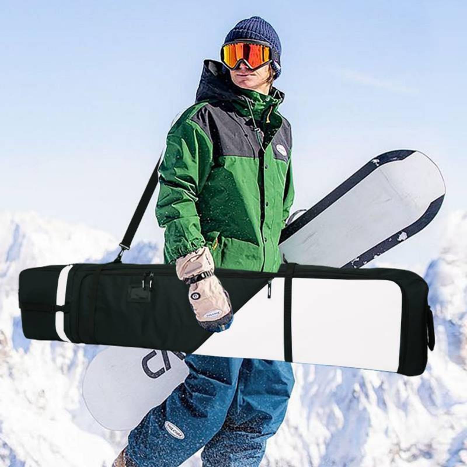 AUMTISC Torba snowboardowa, wyściełana, wytrzymała torba narciarska z wodoodporną podszewką, regulowane paski na ramię, pasuje do desek snowboardowych 155-180 cm, czarna/niebieska