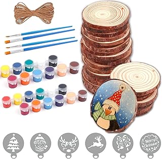 [68 Items]Natural Wood Slices 25 Pcs 3.1-3.5 Inches Craft Wood Kit Unfinished Predrilled with Holes 6 PCS Christmas Stencils and 32 Colors Pigment for Arts and Crafts Christmas Ornaments DIY Crafts