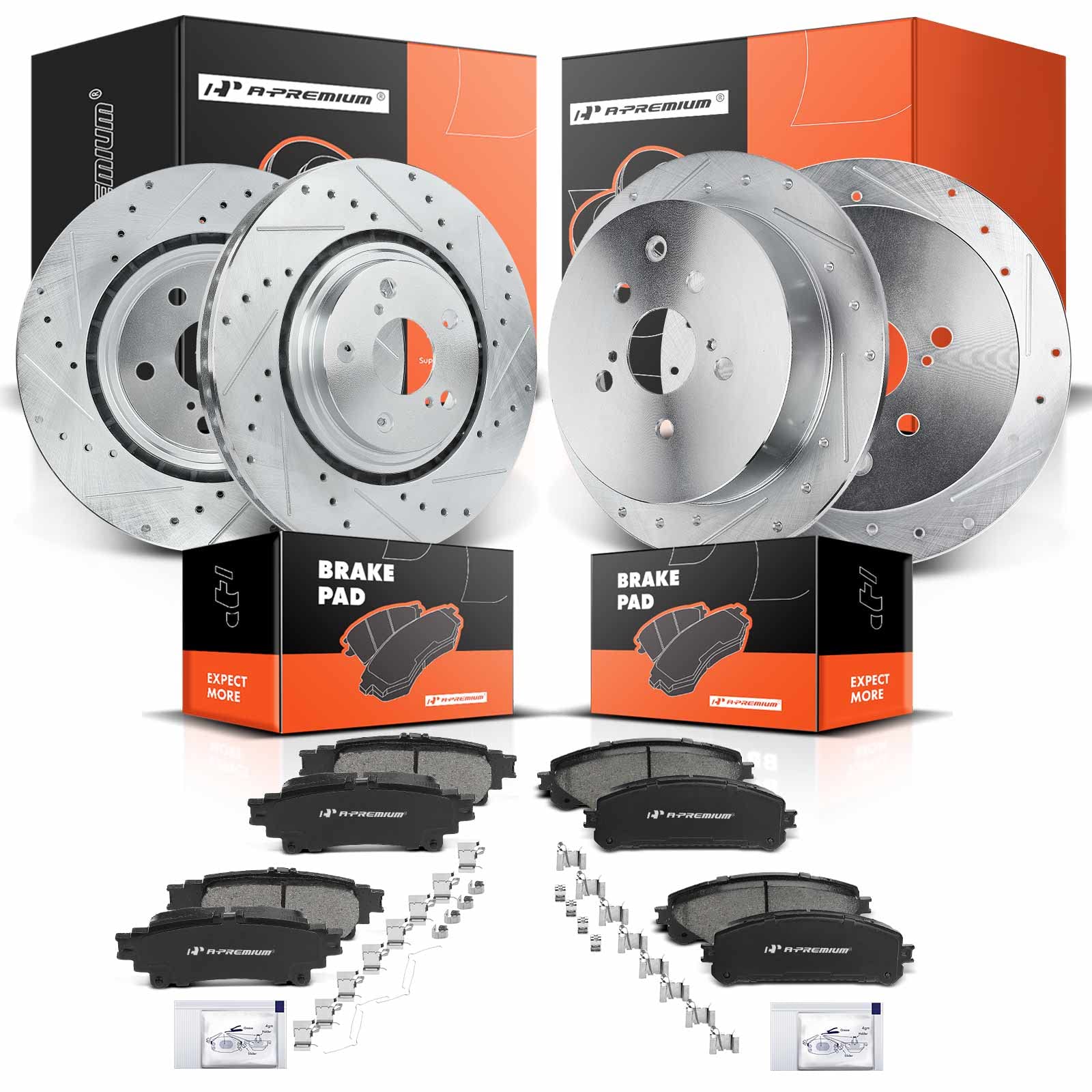 A-Premium Front & Rear Drilled and Slotted Disc Brake Rotors + Ceramic Pads Kit Compatible with Select Lexus and Toyota Models - RX350/RX450H 2010-2015, Highlander 2014-2019, Sienna 2011-2020, 12-PC