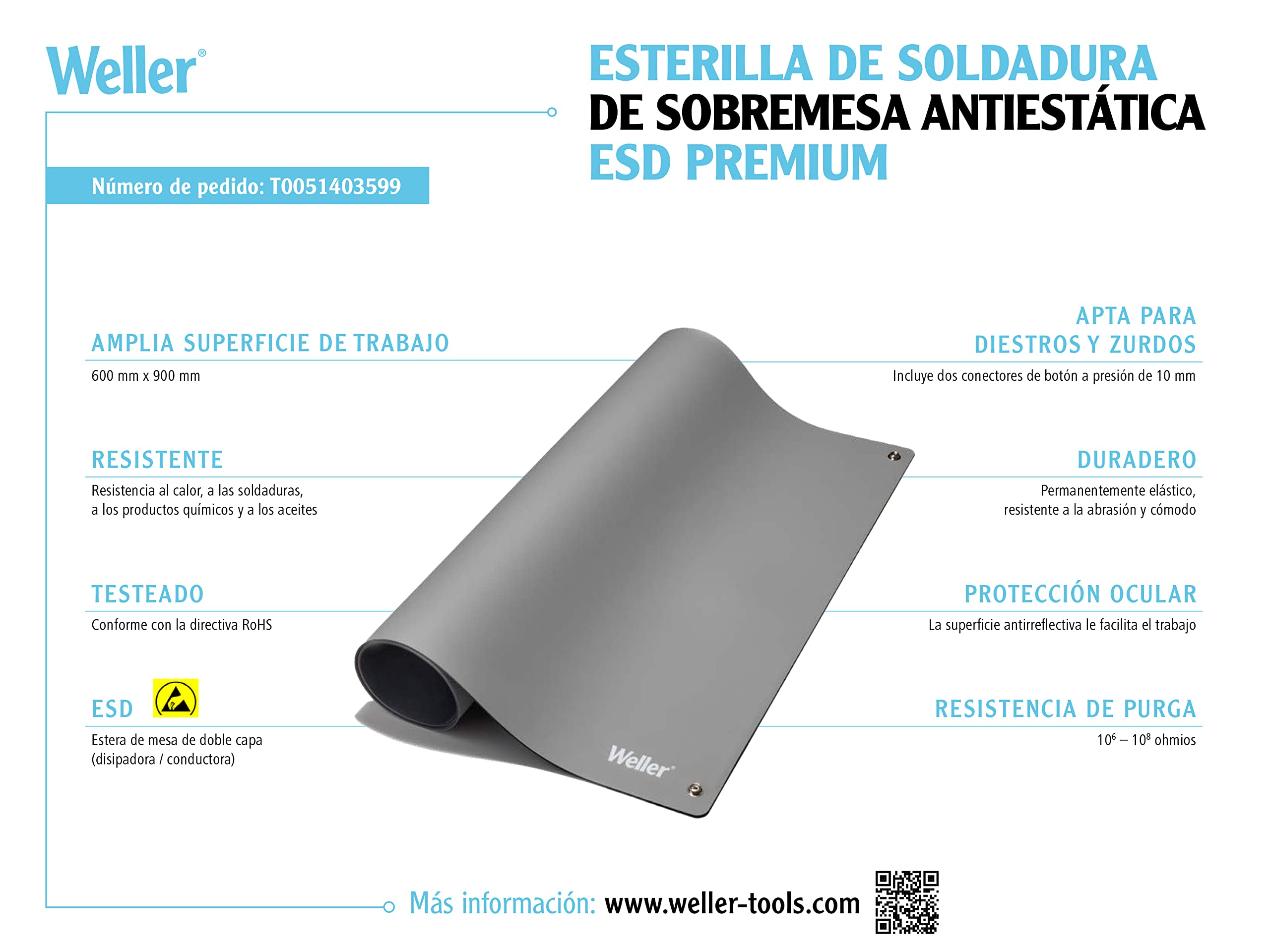 Weller T0051403599 Esterilla de soldadura de Sobremesa Antiestática ESD Premium, Gris 900 x 600 mm