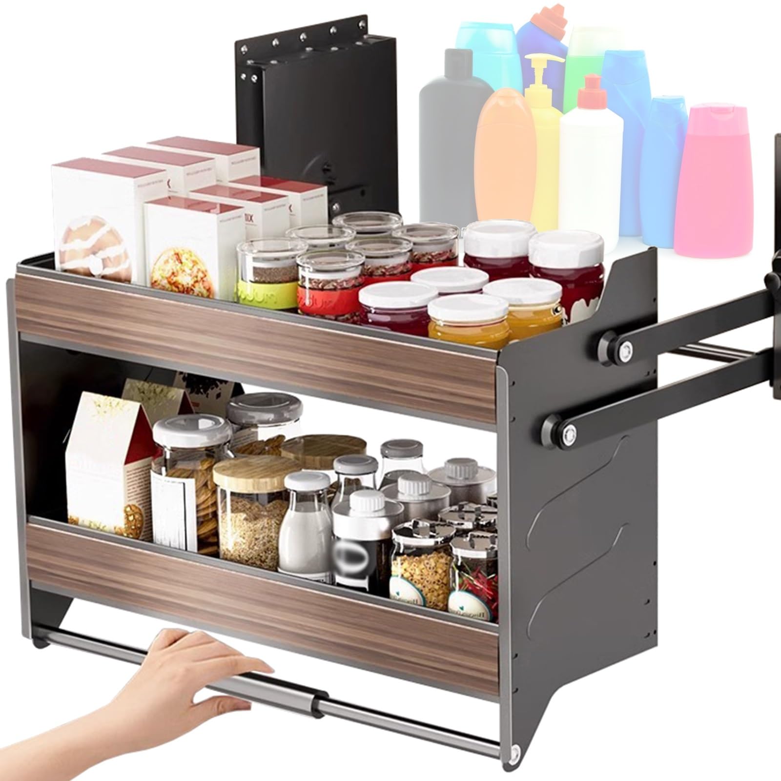 Regulowana półka ścienna, 2-poziomowy organizer do szafek kuchennych, rozwijany stojak na przyprawy, maksymalne obciążenie 20 kg, 4 ustawienia ciężaru łożyska