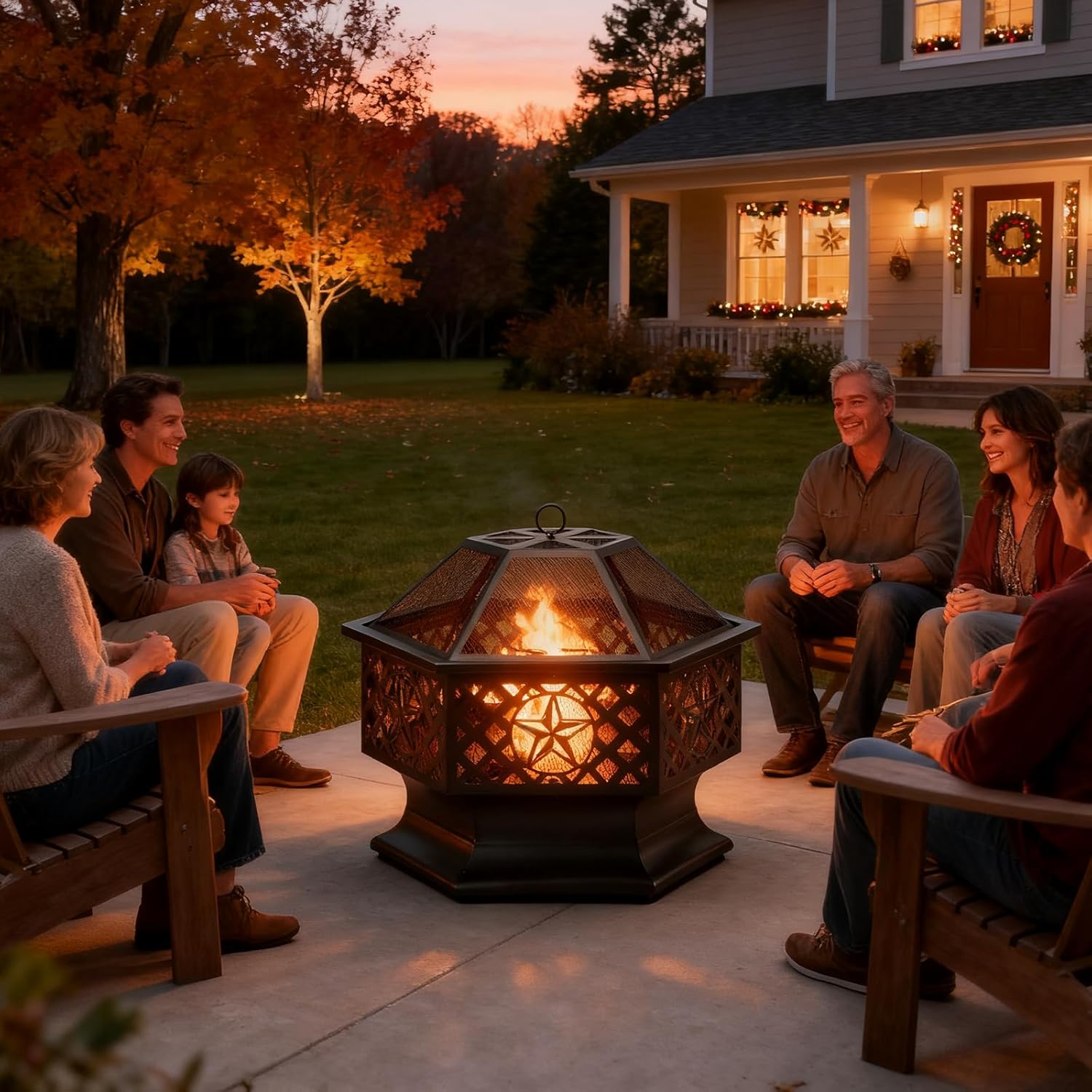 Panovue 28 Inch Hexagonal Fire Pit,Wood Burning Firepits for Outside with Spark Screen&Poker,Metal Hex-Shaped Outdoor Fire Pit for Outside,Backyard,Bonfire,Patio,Garden,Picnic and Camping（Black）