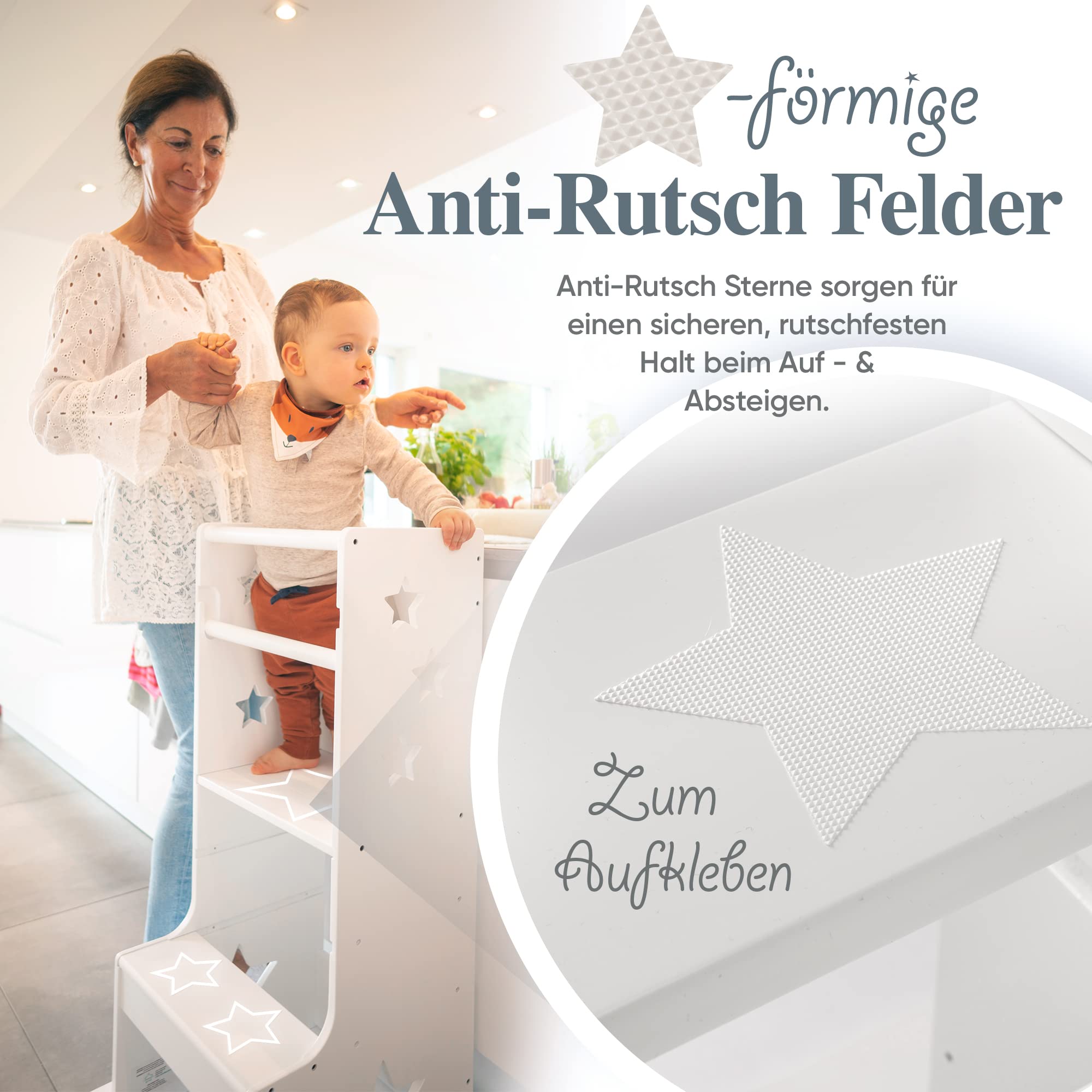 Kids Woody Star® Lernturm ab 1 Jahr [360° KIPPSCHUTZ] Höhenverstellbar Learning Tower Lernturm Montessori | Tritthocker Kinder | Schemel Lernstuhl Lerntower | Holz/Weiß