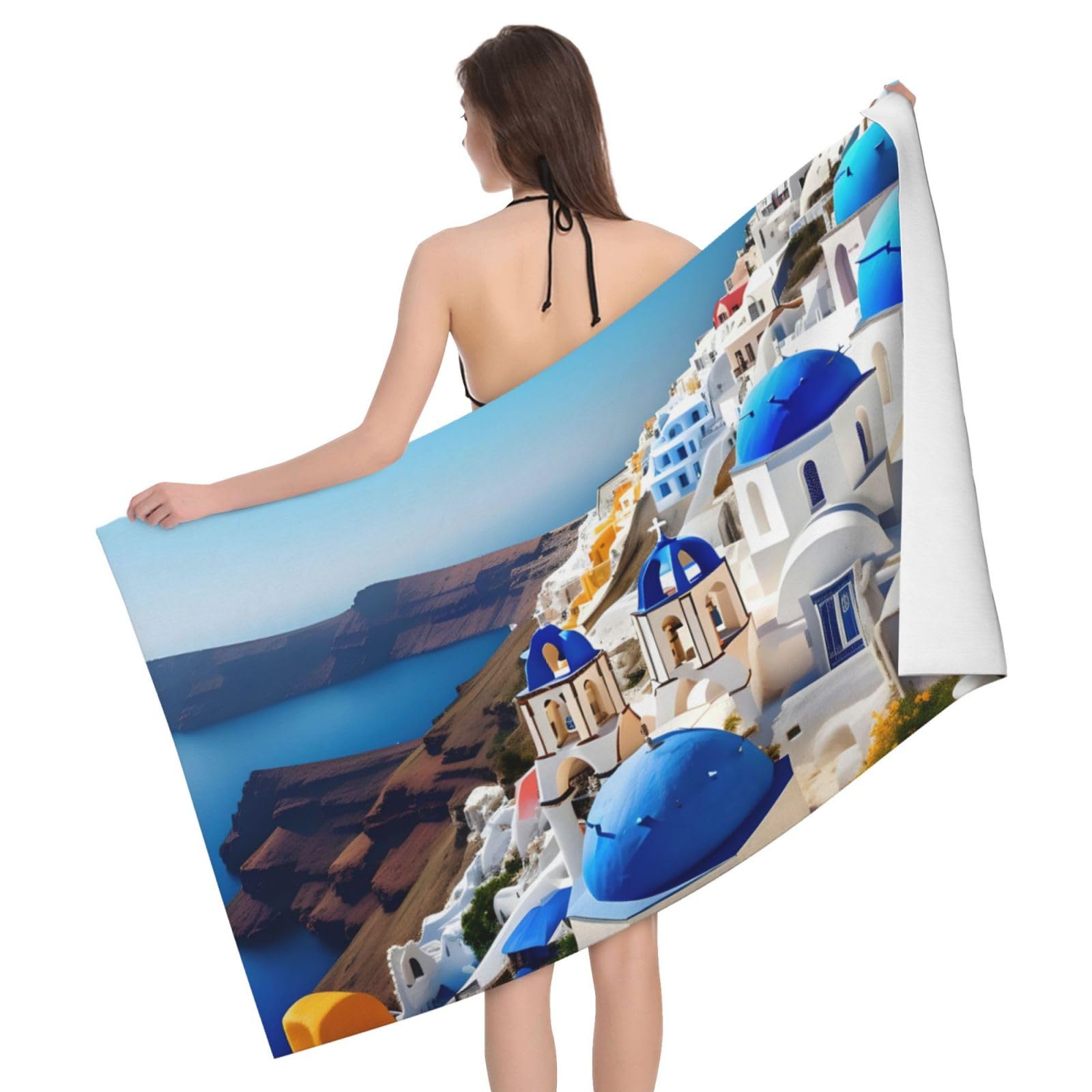 YQxwJL Santorini Greek Island Sea View Print Beach Towel Lightweight,Sand Free Towel for Beach, Bathroom, Pool, Travel, Swim, Gift