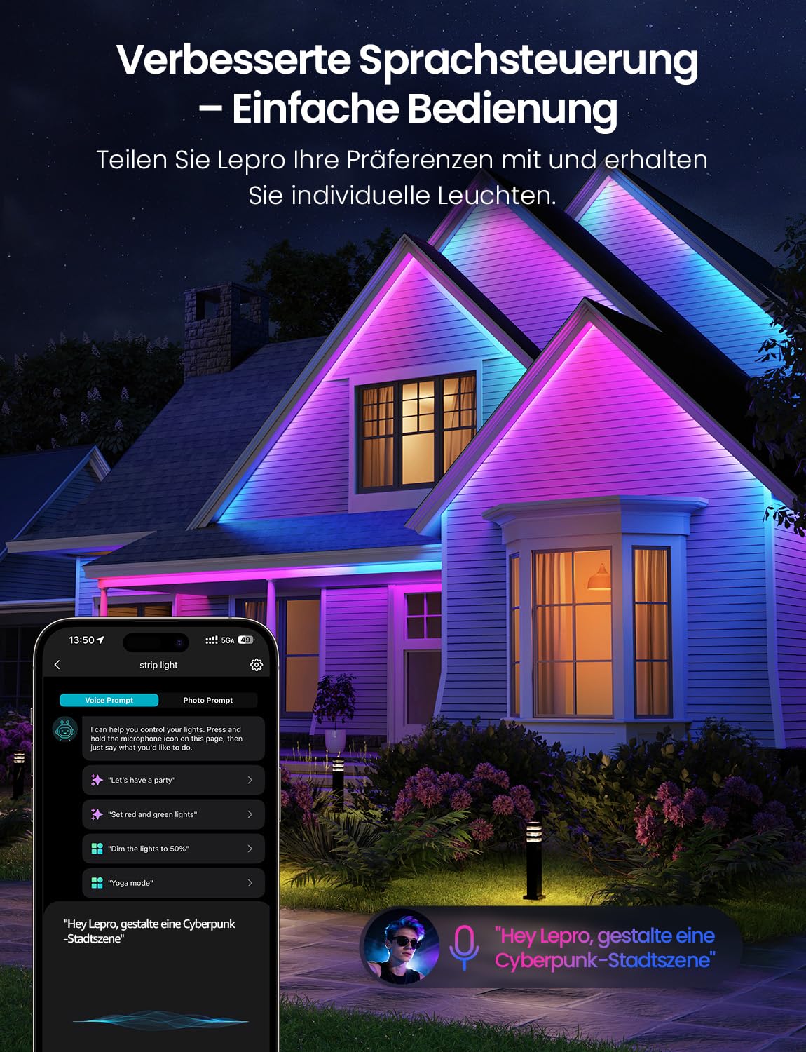 Lepro AI Smart LED Strip SW1, 5m, RGBCW, IP65, für außen, Musik-Sync, WLAN | KI-Lichtdesigner und Foto-zu-Licht erzeugen persönliche Farben; IP65 schützt den 5m LED Strip im Außenbereich; im Alltag.