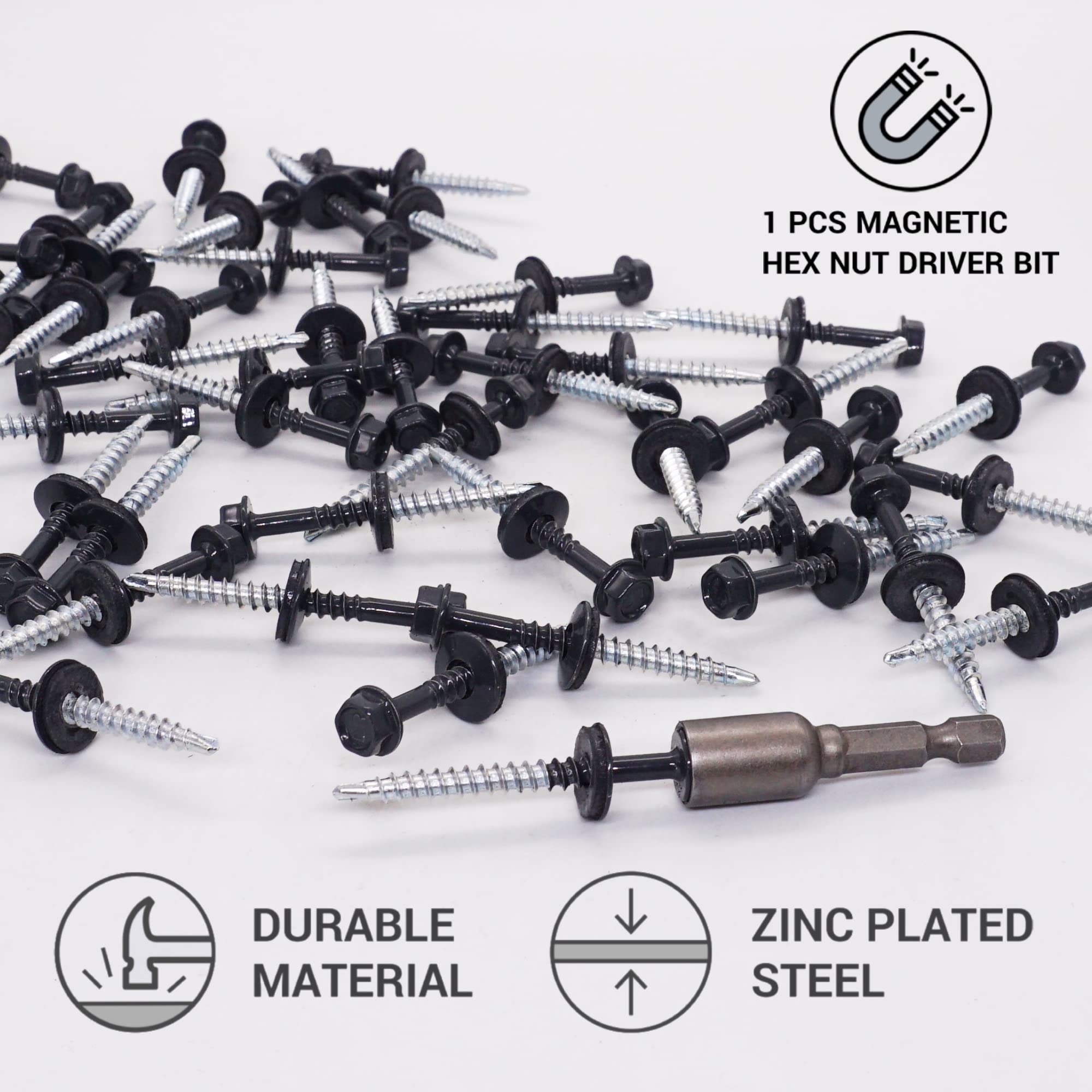 SKIR'CO (20 pcs) Painted Roofing Screws, 4.8 x 50 mm Self-Drilling Screws With EPDM Washers, Hex Head (Anthracite Grey, RAL 7016) - Image 3