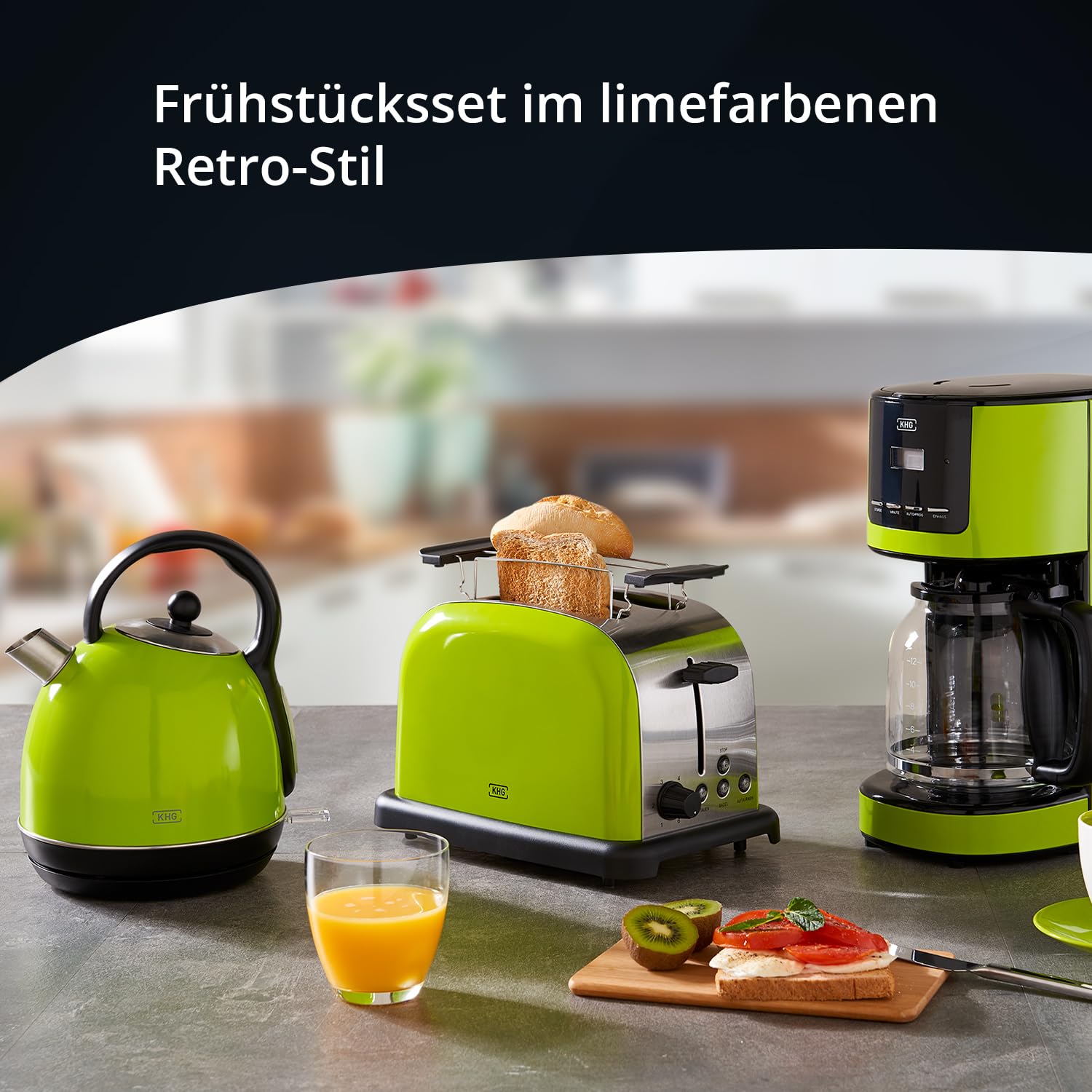 KHG Frühstücksset Wasserkocher Toaster Kaffeemaschine 1,7 Liter 360° Sockel Kalkfilter 6 Röststufen LCD-Display