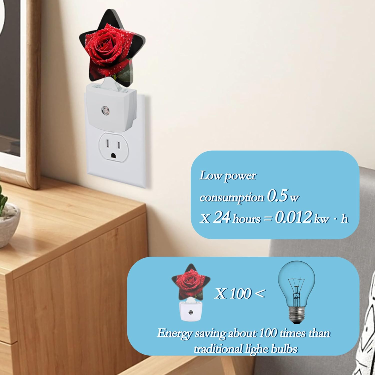 Red Rose Night Light,Plug Into Wall Decor Nightlights for Bedroom,Bathroom,Hallway,Stairway,Kitchen,with Dusk to Dawn Light Auto Sensors Led Night Lights Room Gifts