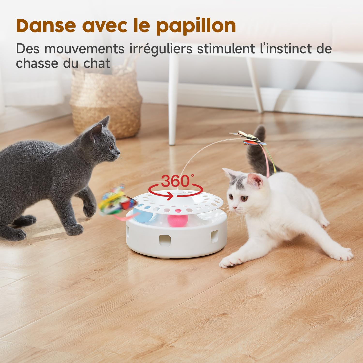 Potaroma Jouet Interactif Automatique 3-en-1 pour Chats d’Intérieur – Plumes Mobiles, Papillon Volant & Balles de Piste, Double Alimentation USB ou Piles