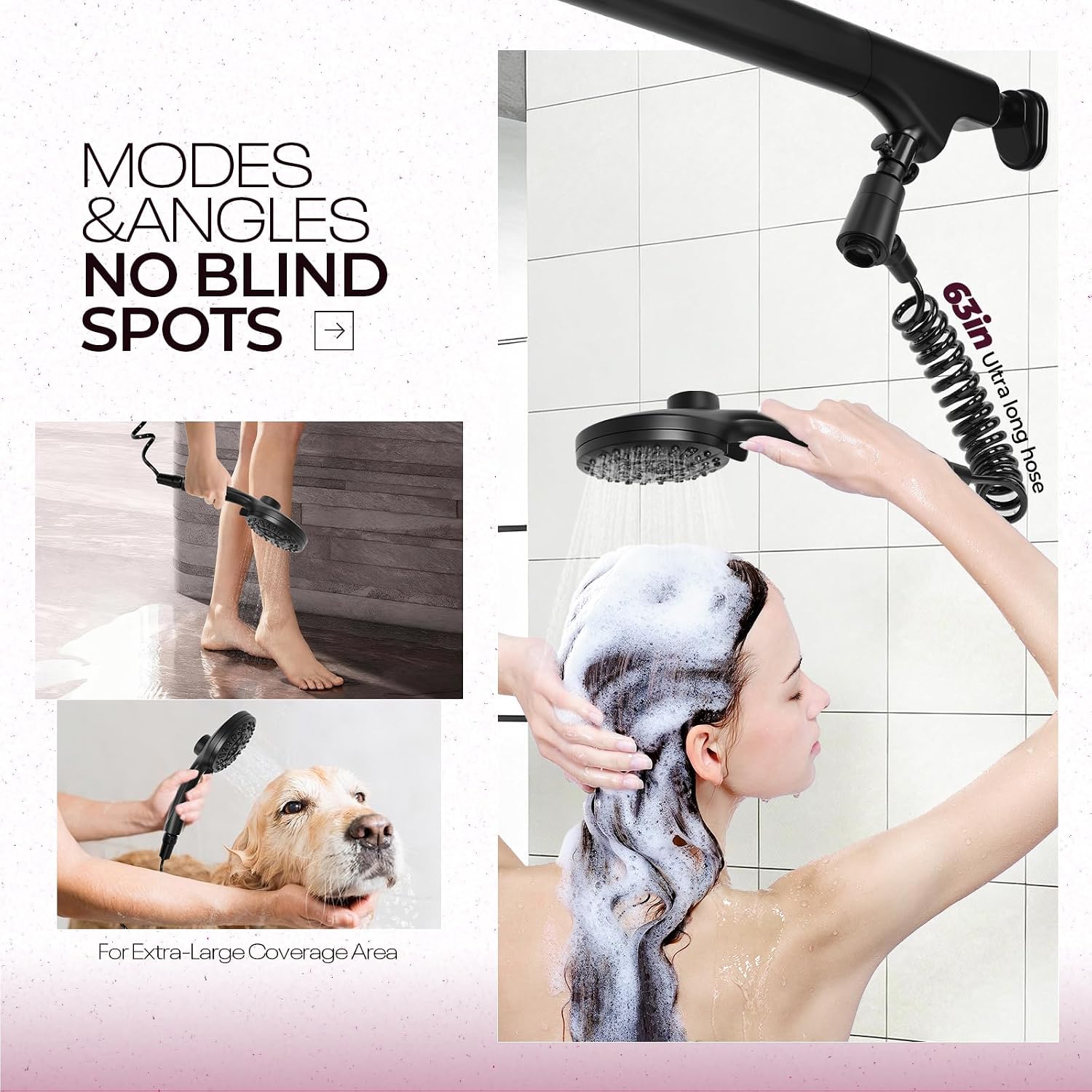 [Ondaqua] High Pressure Dual Shower Head for Couples 58-78" Adjustable,10 Modes Magnetic Handheld Head & 3 Modes Anti-Clog Design Round Head(Black)