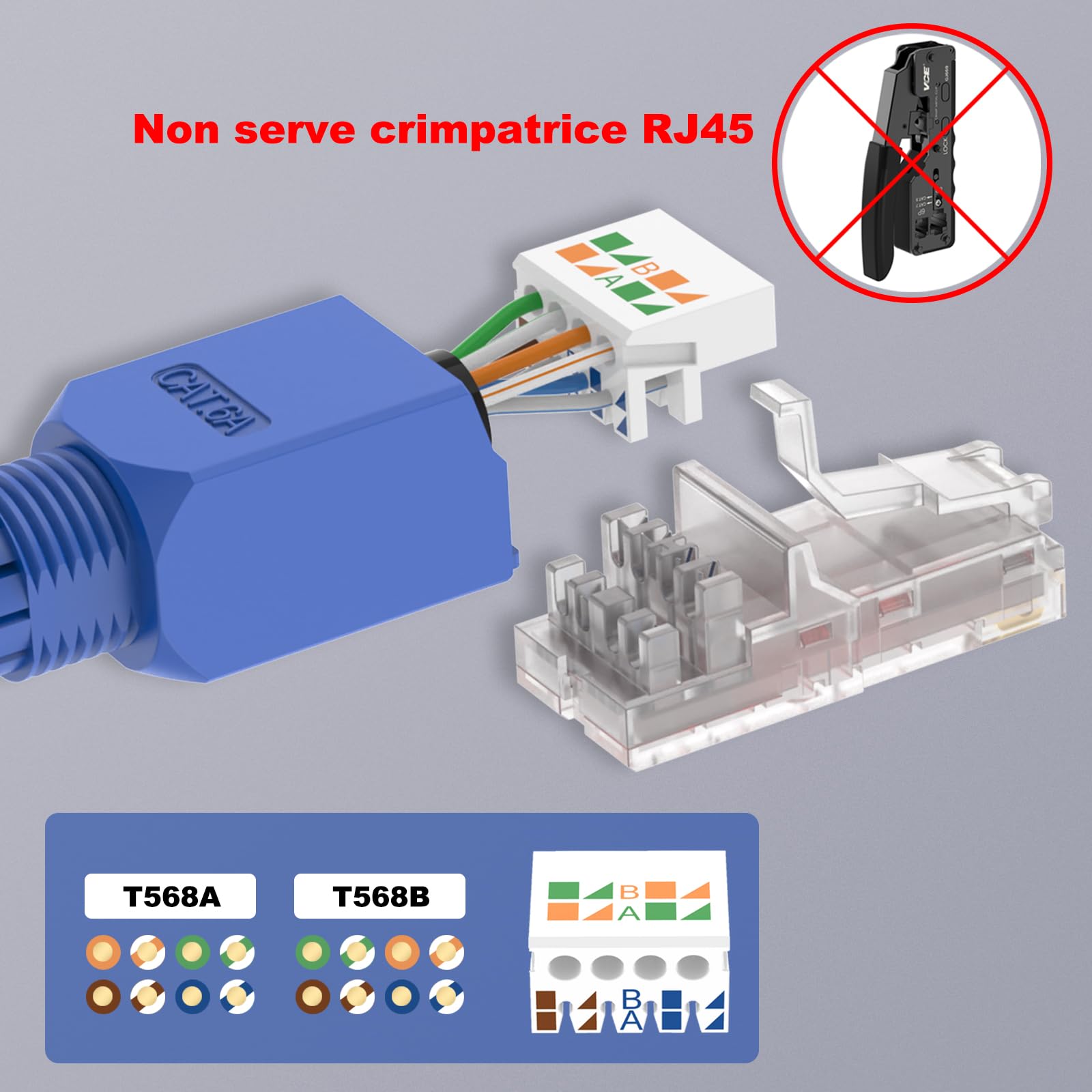 VCELINK Cat6A Connettori RJ45 Senza Attrezzi, 10Gbps/500MHz, UTP Plug Ethernet Placcato Oro Riutilizzabili per Router, Switch, Modem, PC, Facili da Installare, Blu, 4 Pezzi