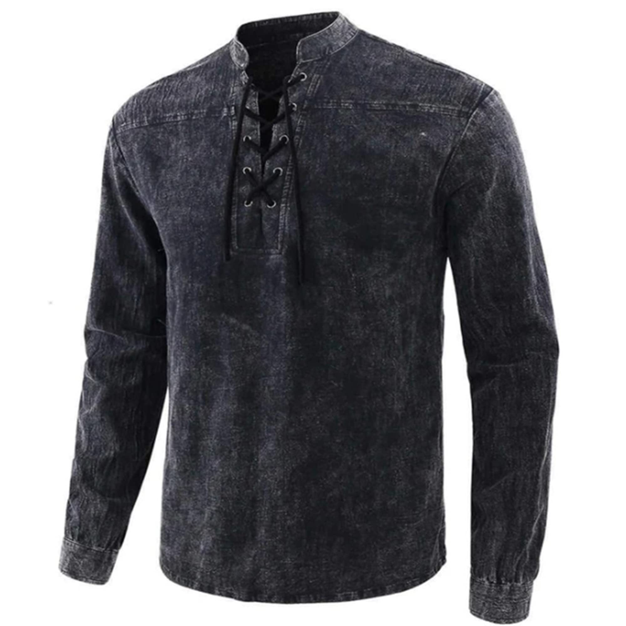 Chemise à lacets pour grand-père en coton confortable noir