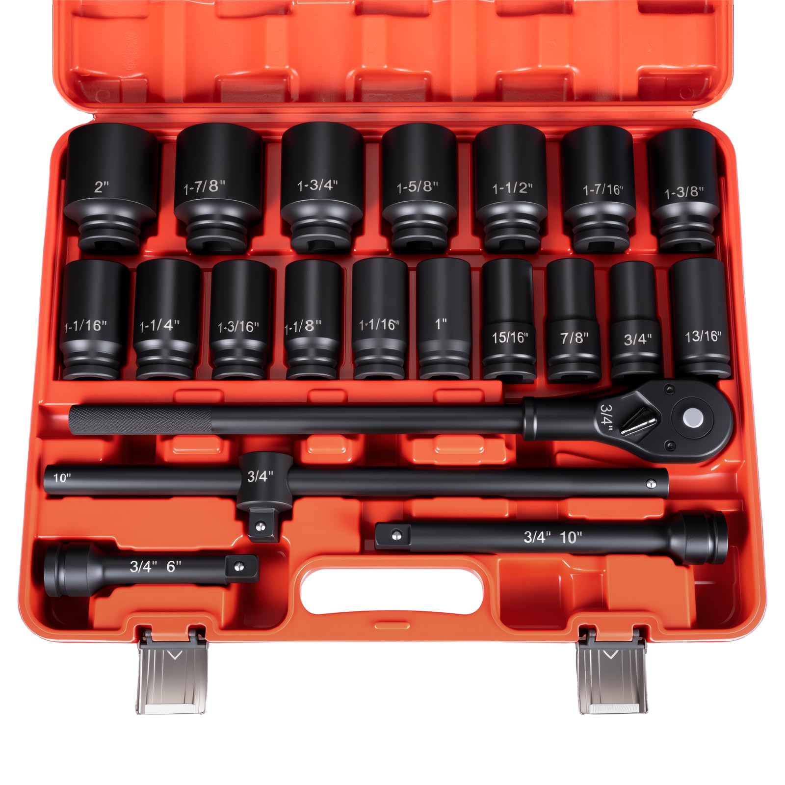 TUZkozs 3/4" Drive Impact Socket Set,21-Piece SAE (3/4 to 2 Inch) Sizes with Ratchet handle (24 tooth) Sliding T-head Breaker Bar,Drive Extensions,6-