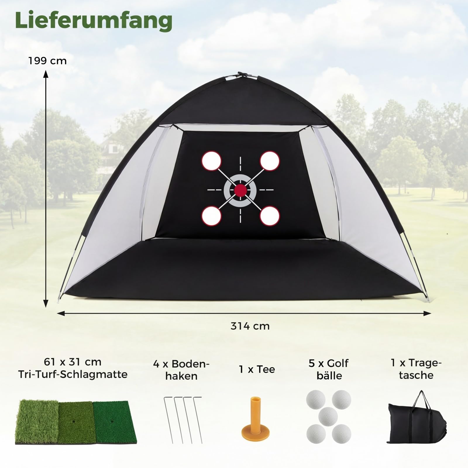 COSTWAY Golf Übungsnetz 300 x 200 cm, Golfnetz mit Schlagmatte, Zielscheibe, 5 Bällen & Tee, Chipping Trainingsnetze inkl. Tragetasche, tragbare Trainingshilfe Outdoor für Drinnen & Draußen