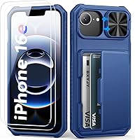Vista 48 de Funda para iPhone 16 Pro Max con tarjetero (4-5 tarjetas), funda deslizante para cámara y protección de grado militar, a prueba de golpes, Azul