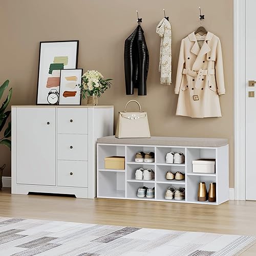Miniatura 3 de PHI VILLA Banco de almacenamiento de zapatos con cojín de asiento, zapatero organizador de zapatos para entrada, sala de estar, color blanco