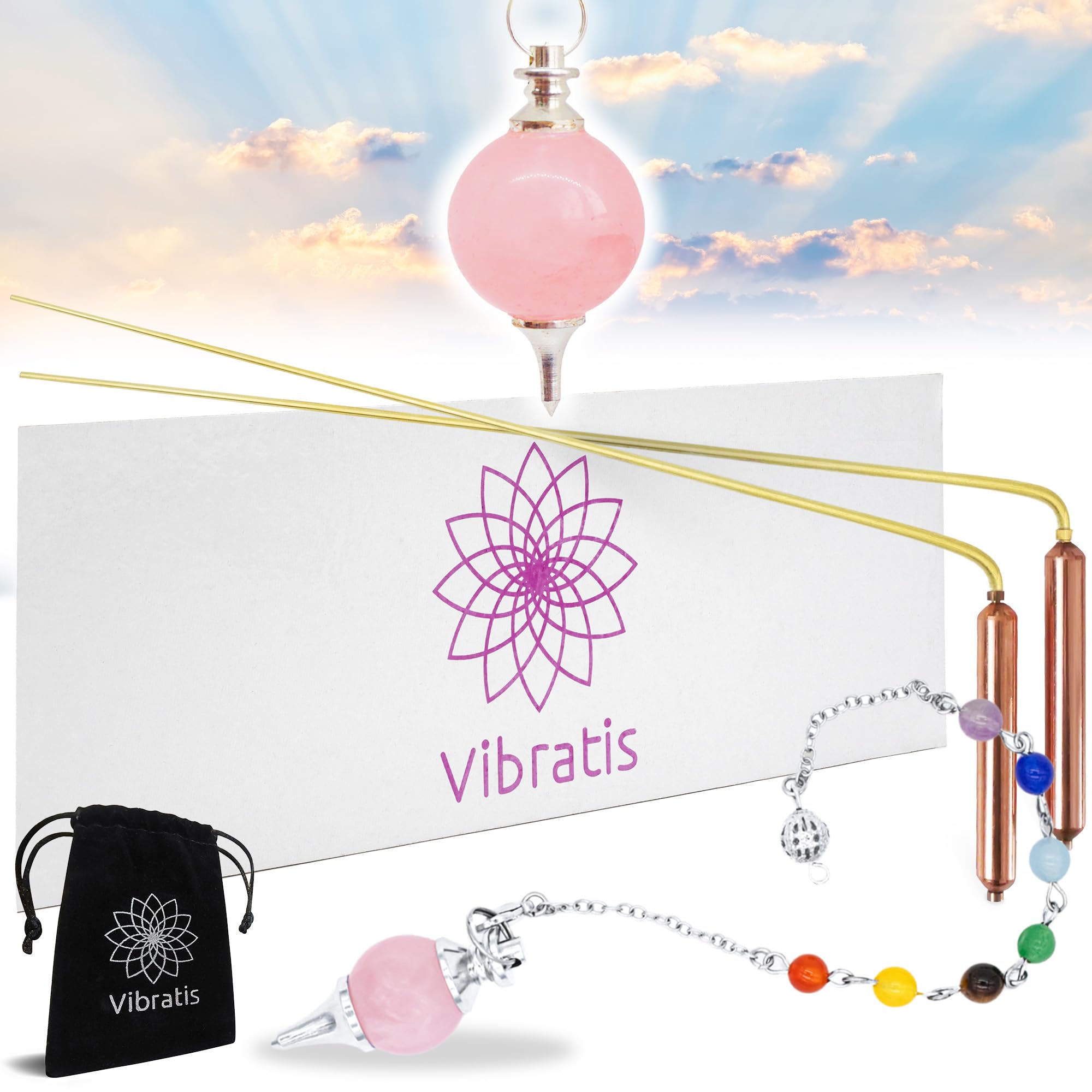Vibratis Bacchette Rabdomante Professionali Modello Premium e Pendolo Divinatorio Quarzo Rosa | Bacchette Radioestesia Ideale per cominciare a darsi alla Radioestesia