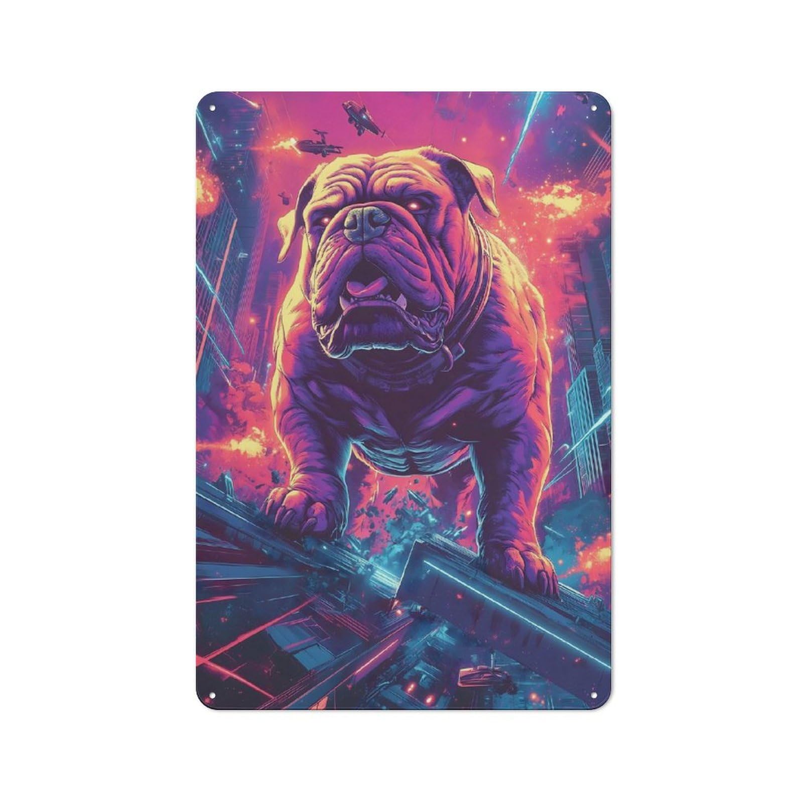 Junmoney Style Cyberpunk Bulldog In Futuristic Cityscape Japan Retro Metal Plaque 30X20cm For Living Room Or Hallway, Suited To Hallway Decor Fans