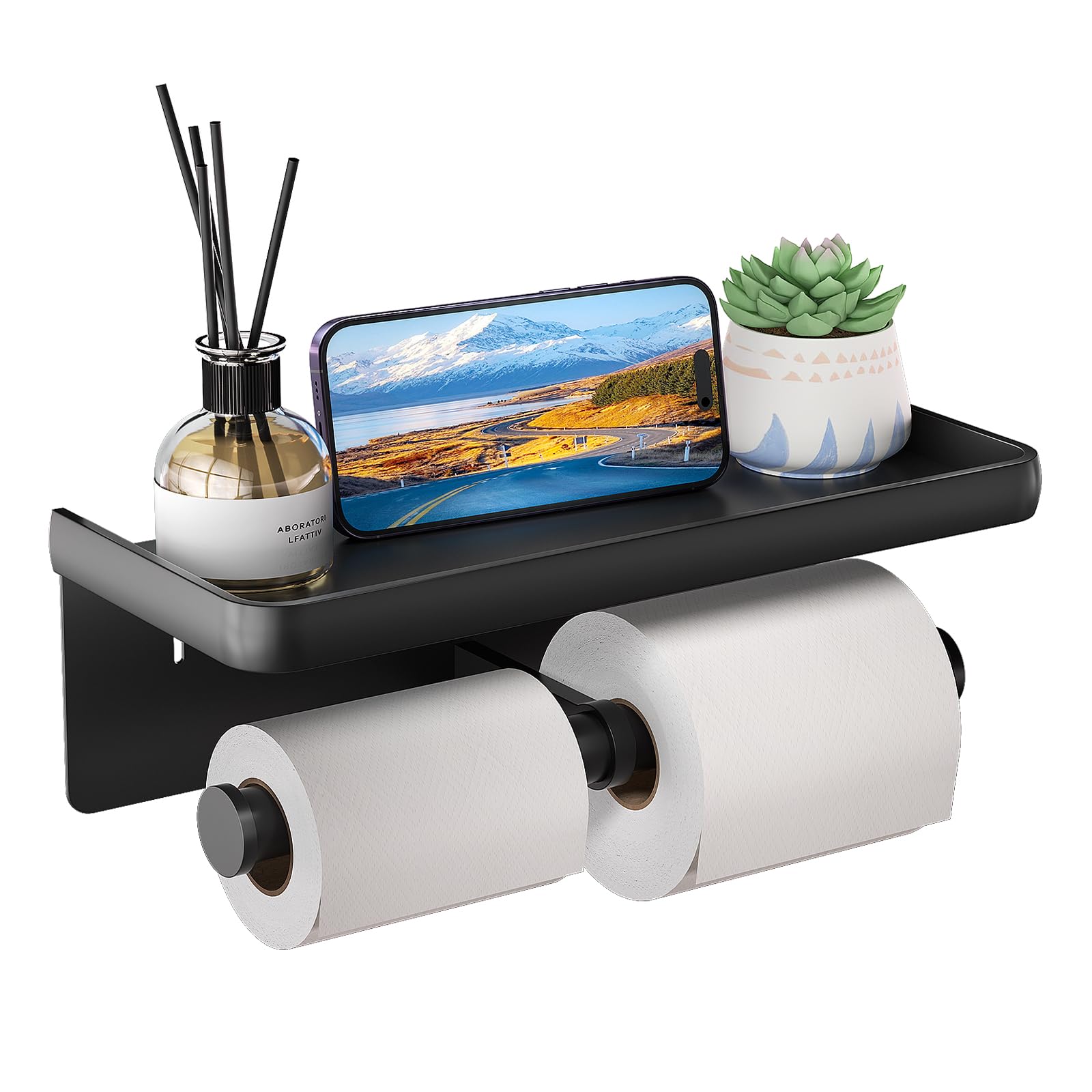 Toilet Paper Holder with Shelf,LigoVenmo Toilet Paper Holder Wall - Modern Minimal Aluminium Double Roll Design,Adhesive or Screw Bathroom Black Toilet Paper Roll Holder with Wipes Storage