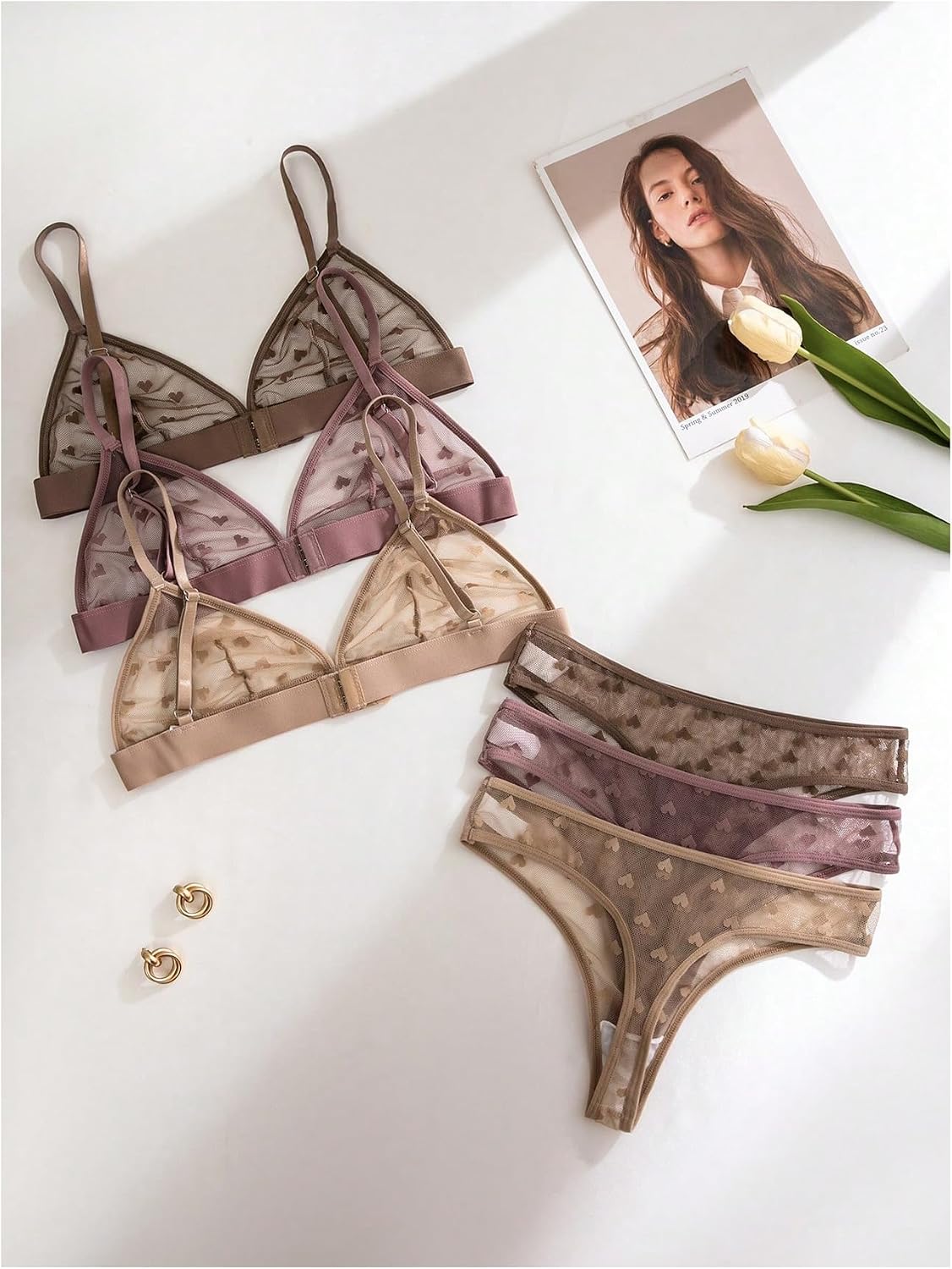 GORGLITTER Women's 3 Pack Sexy Bra and Panty Sets Cute Sheer Matching Bralette and Underwear Thong Set Lingerie