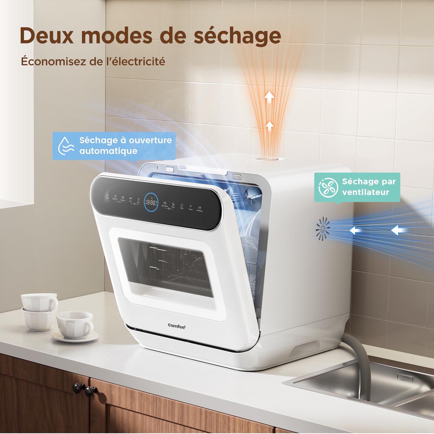 COMFEE' MFD42S110W-IT Mini Lave-vaisselle de Table Compact, 3 Couverts, 7 Programmes, Commande Tactile, Écran LED, 72°C Lavage Hygiénique, 24h Démarrage Différé, Ouverture Automatique, blanc