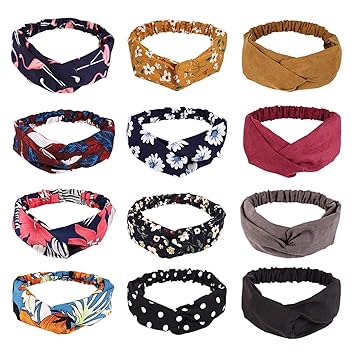Boho Headbands for Women Girls, Frcolor Knot Headband Elastic Cross Headband Twisted Head Wrap 12Pcs