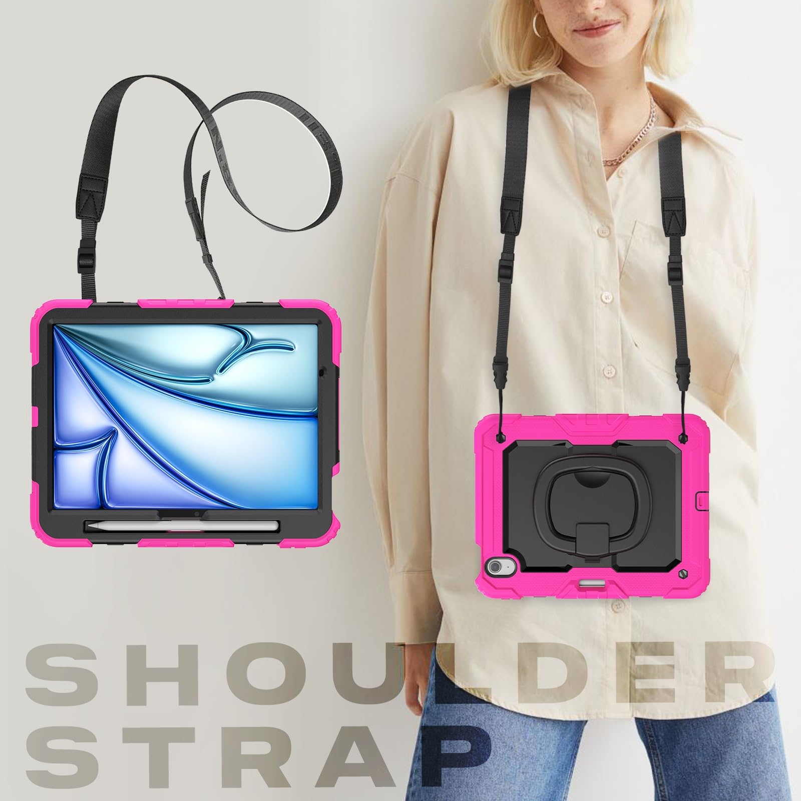Kompatybilny z iPad Air 11 cali M2 2024 A2902 A2903 A2904 Etui uchwytem na ołówek + ochraniacz ekranu, pełna ochronna obudowa solidnym obrotowym Silikonowe etui(Blue 4)