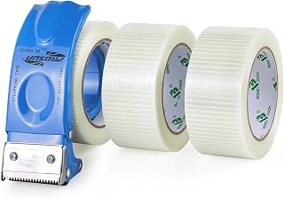 BOMEI PACK 3Rolls Filament Strapping Tape 2Inch with Dispenser, Heavy Duty Fiberglass Reinforced Packing Tape for Shipping, Cross Bi Directional Filanent Tape 2inch x 30Yds x 5.9Mil, Total 90Yds