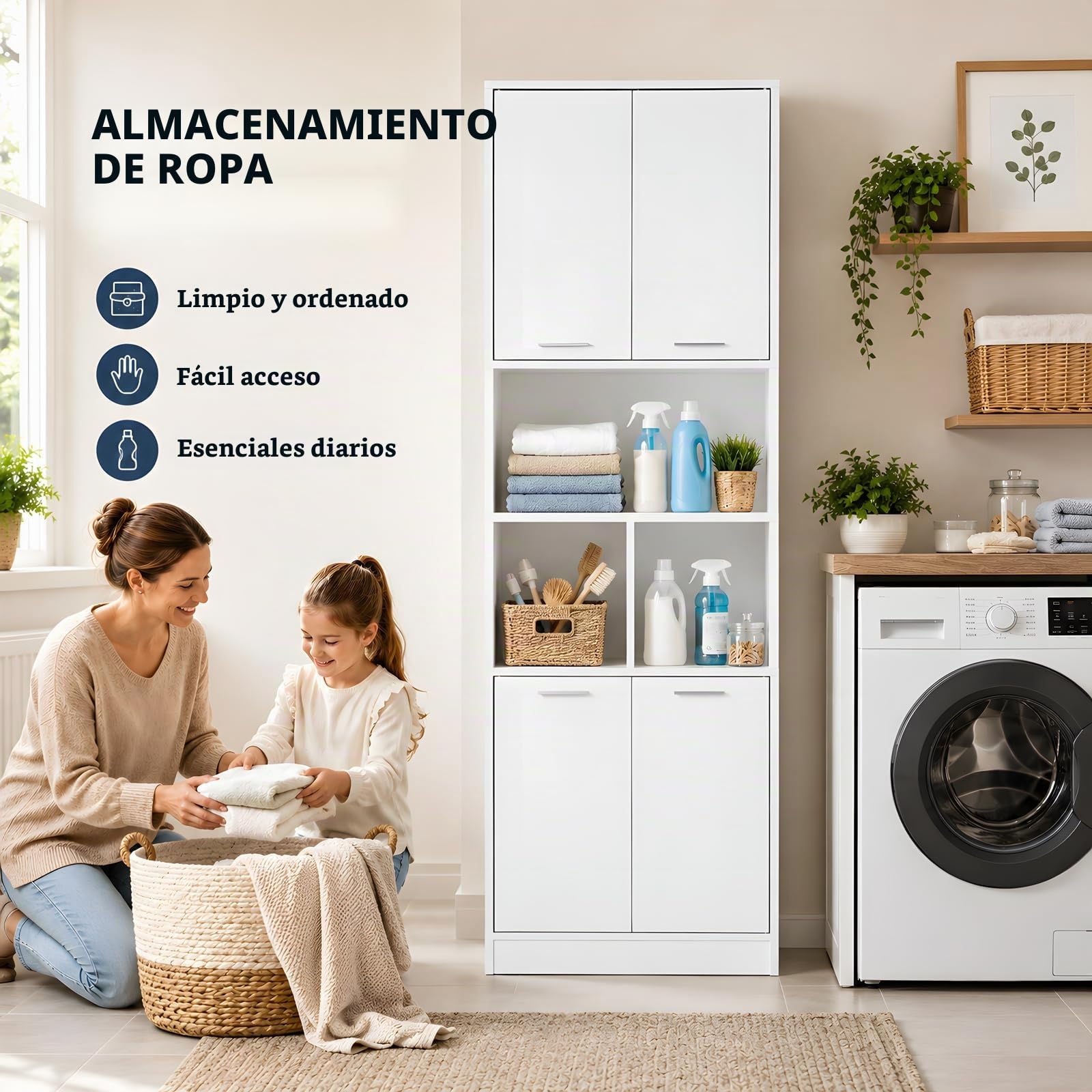 Armario Multiusos Blanco con 4 Puertas, Mueble Auxiliar de Cocina y Armario Despensa, Armario Oficina con Estantería, Armario 60 cm Ancho y 40 cm Profundidad